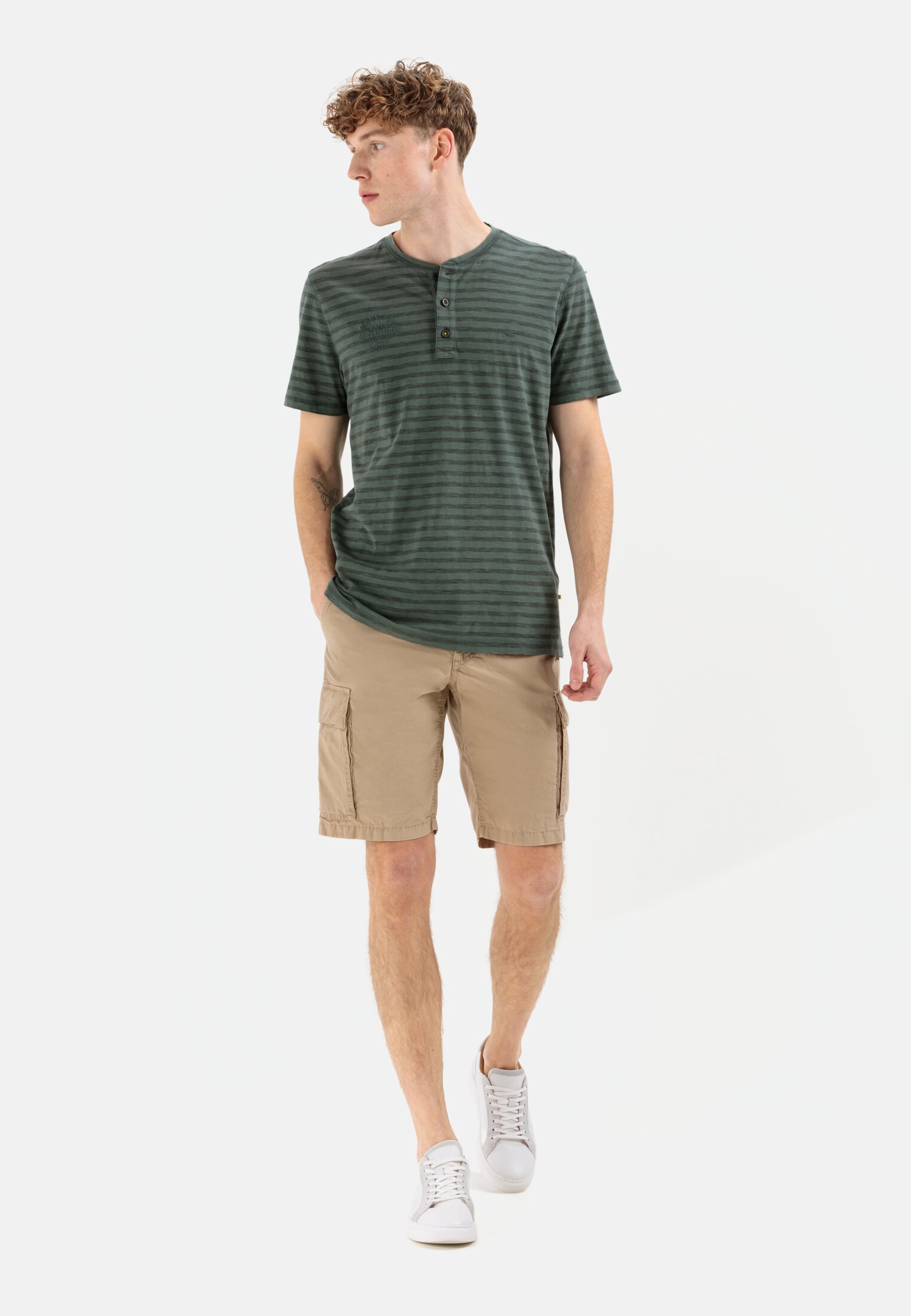 Men Henley shirt with striped pattern Green worn front full body
