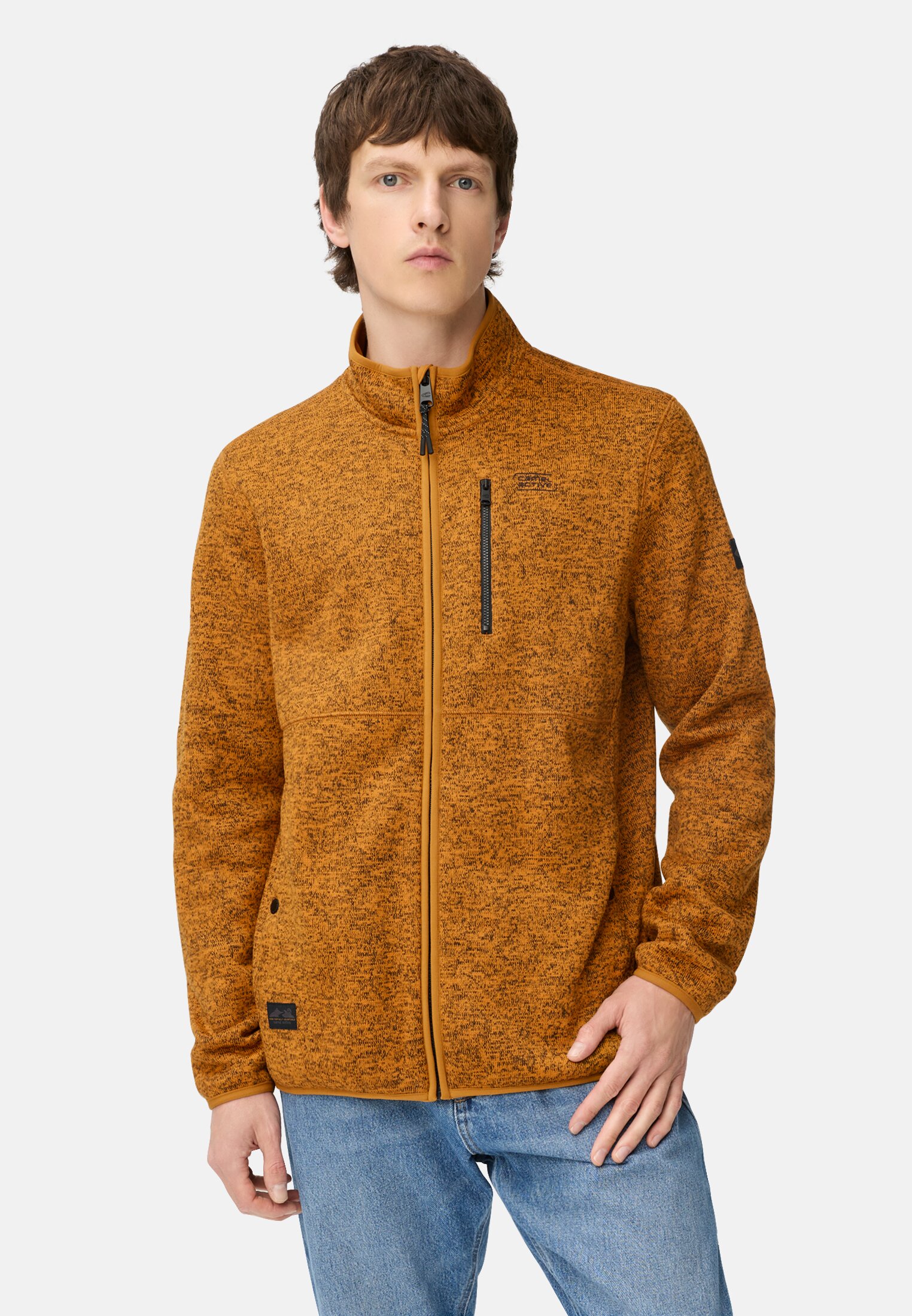 Men Cardigan with stand-up collar Yellow worn front