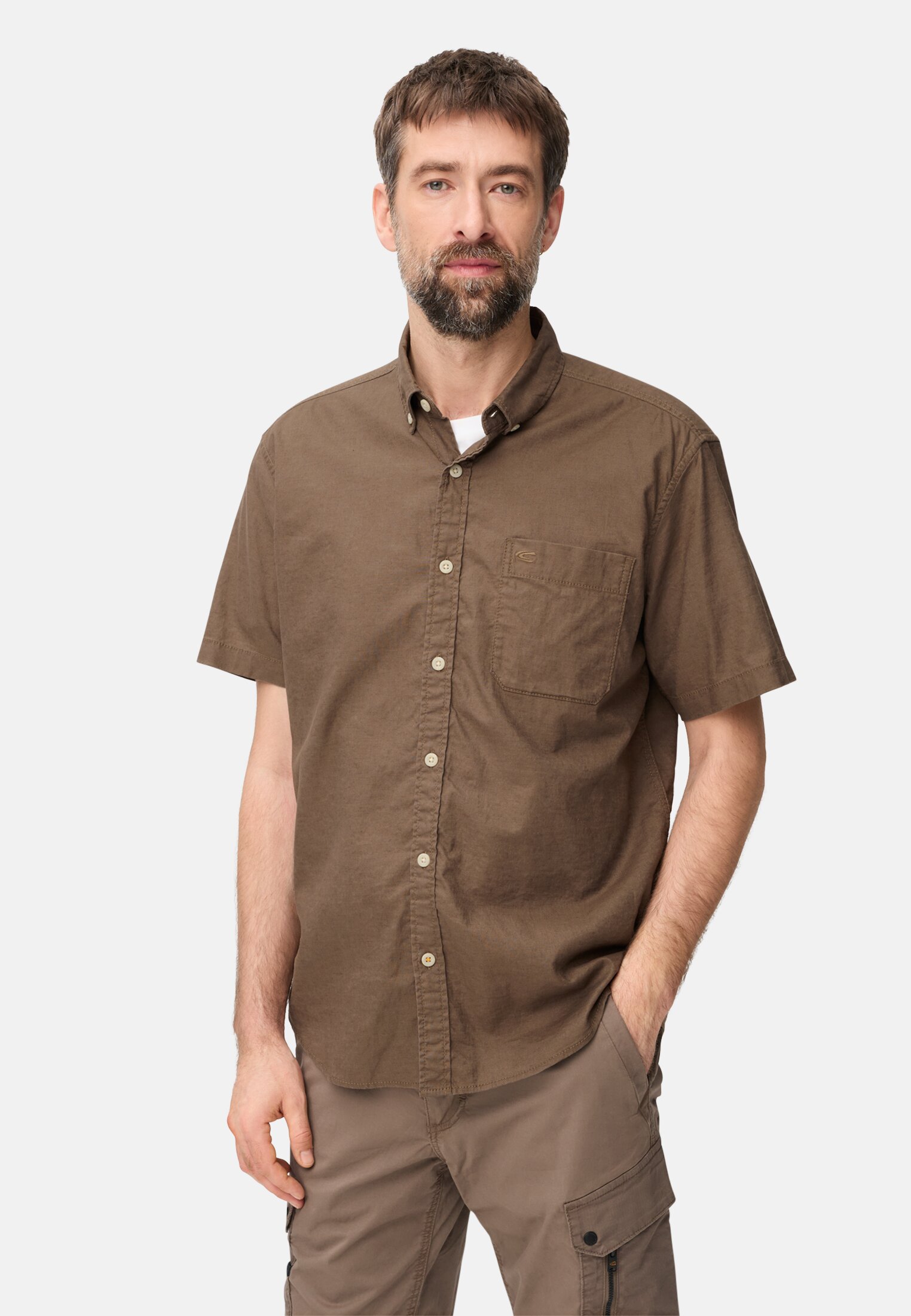 Heren Korte mouwen shirt van linnenmix Modderbruin gedragen voor