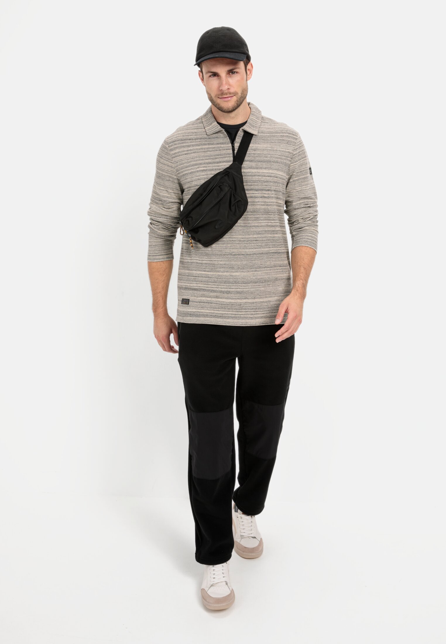 Men Long-sleeved polo shirt with cooling effect Creme worn front full body
