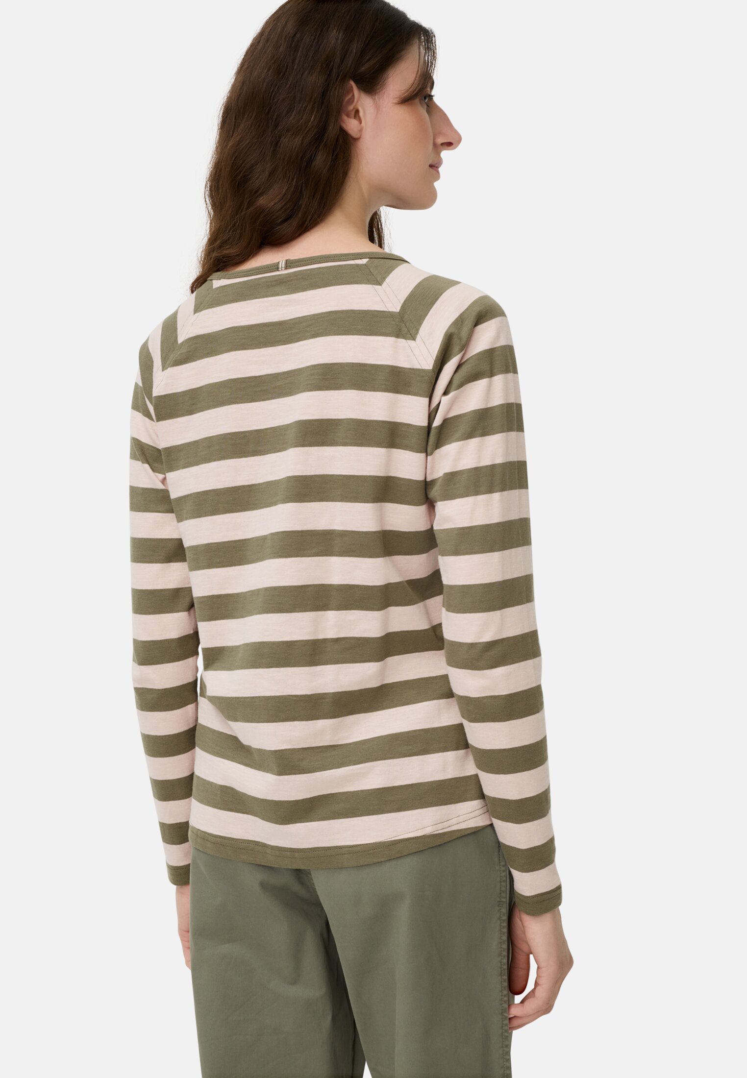 Women Striped long sleeve shirt with raglan sleeves Lilac pink worn back