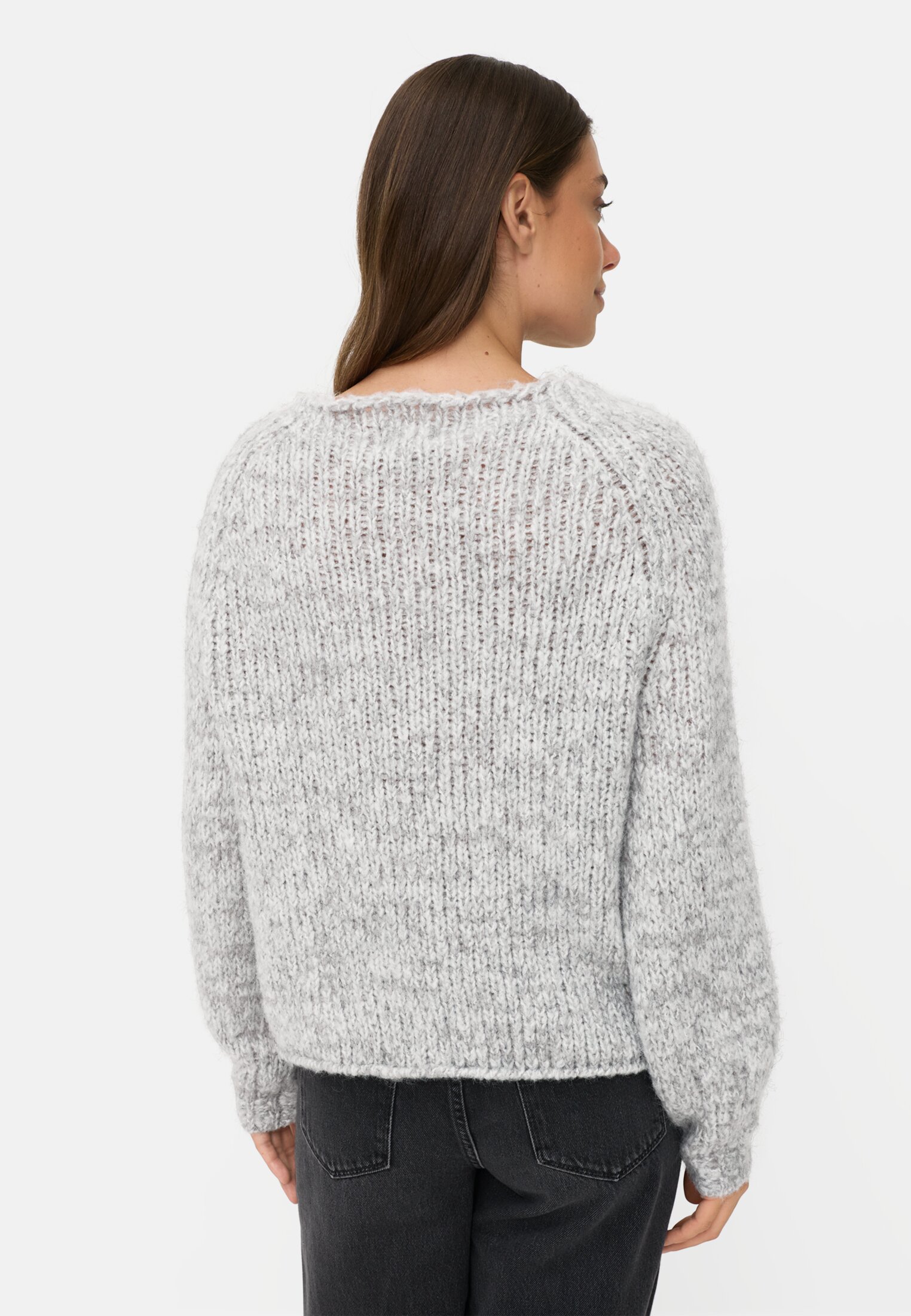 Damen Strickpullover mit weiten Ärmeln Grau getragen hinten