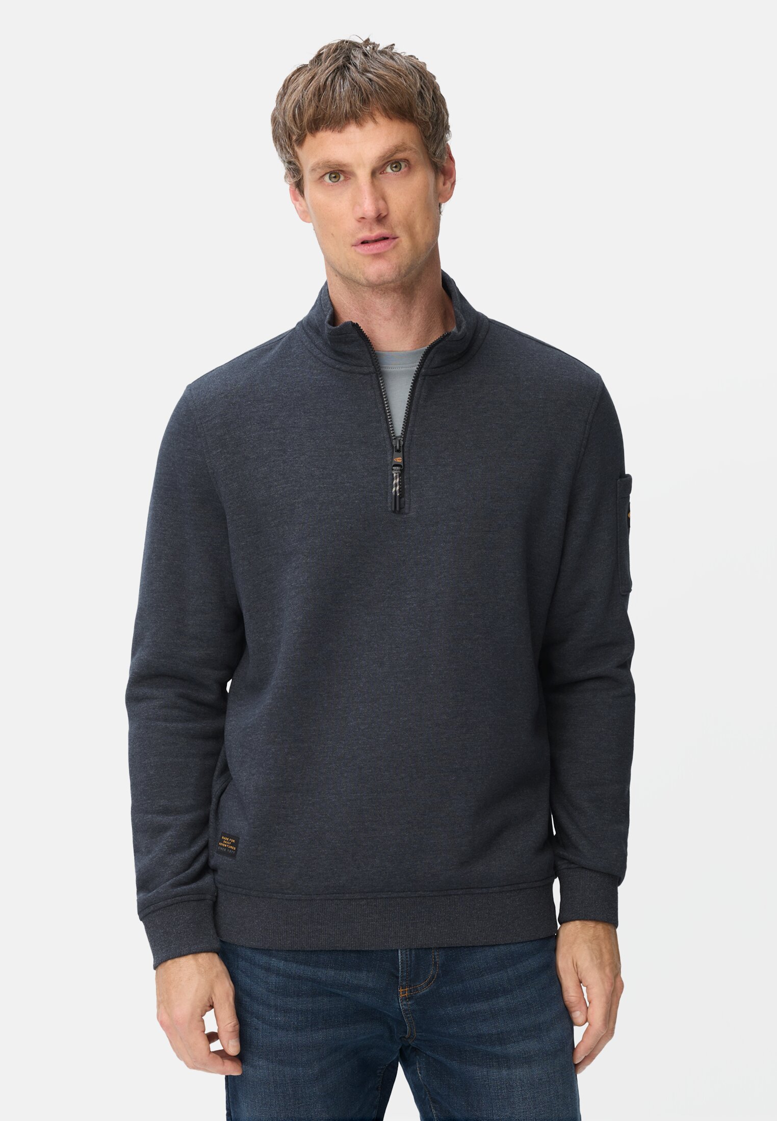 Men Sweatshirt with Troyer collar Navy blue worn front