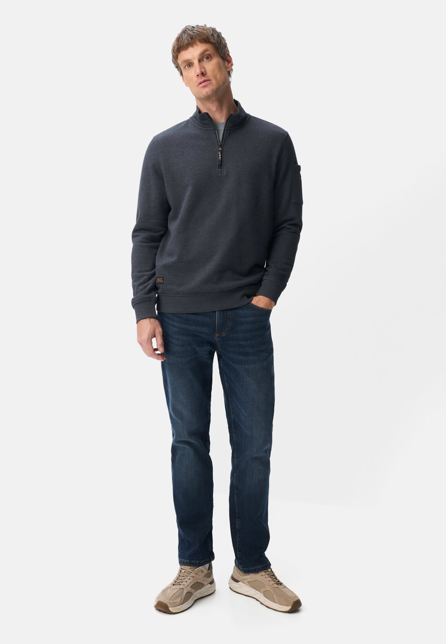 Men Sweatshirt with Troyer collar Navy blue worn front full body