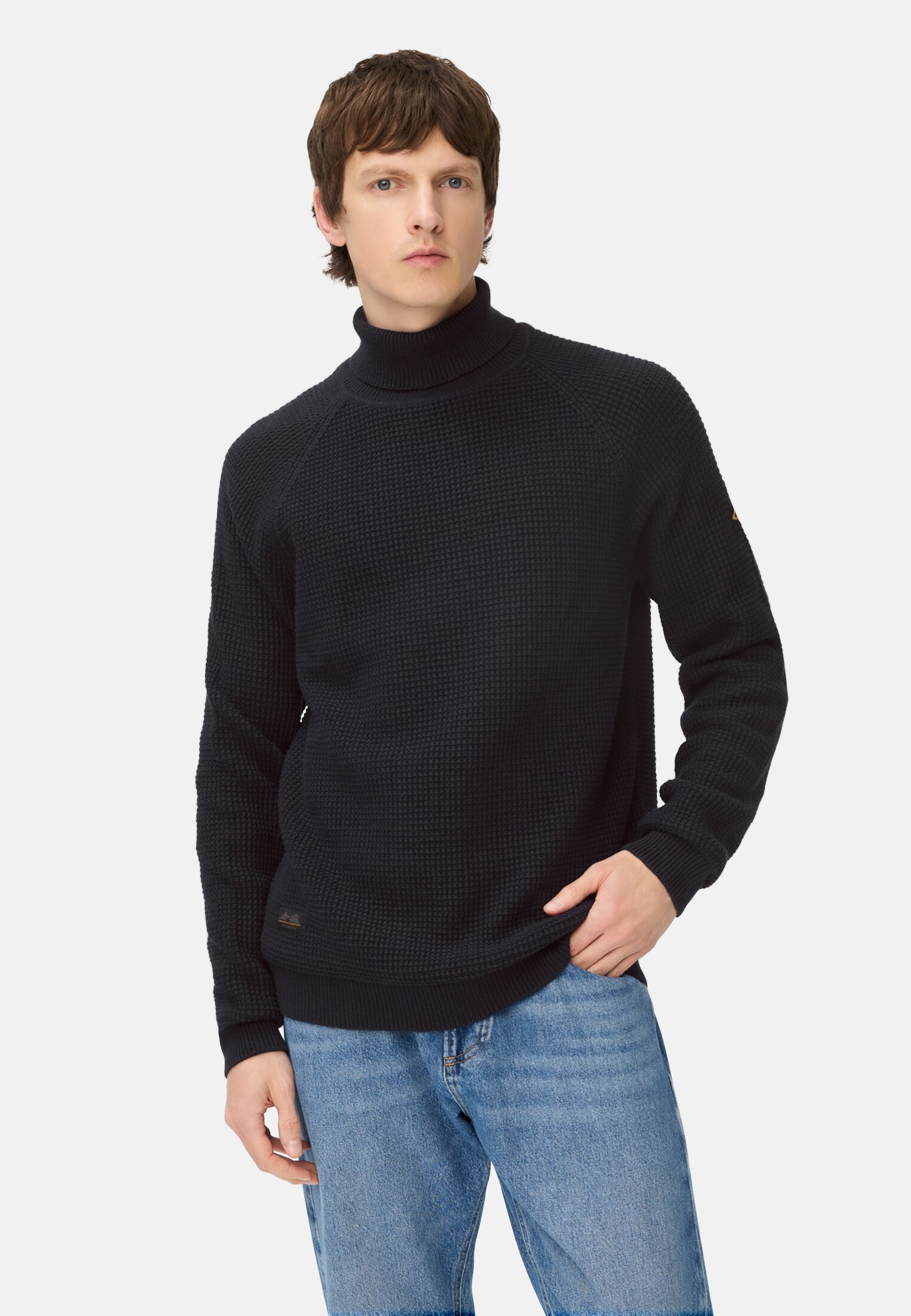 Men Knitted sweater with stand-up collar Navy blue worn front