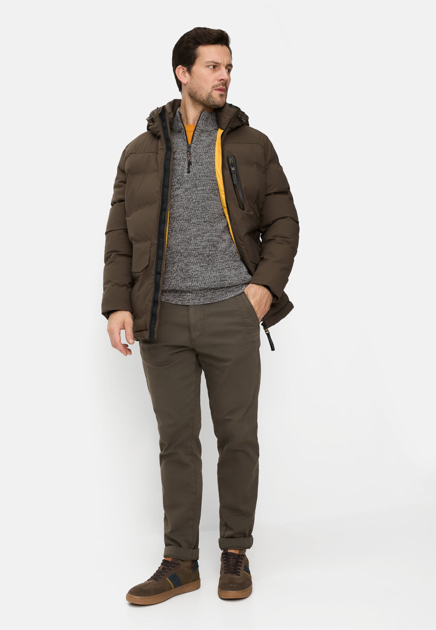 Men Knitted Troyer with marled texture Grey worn front full body