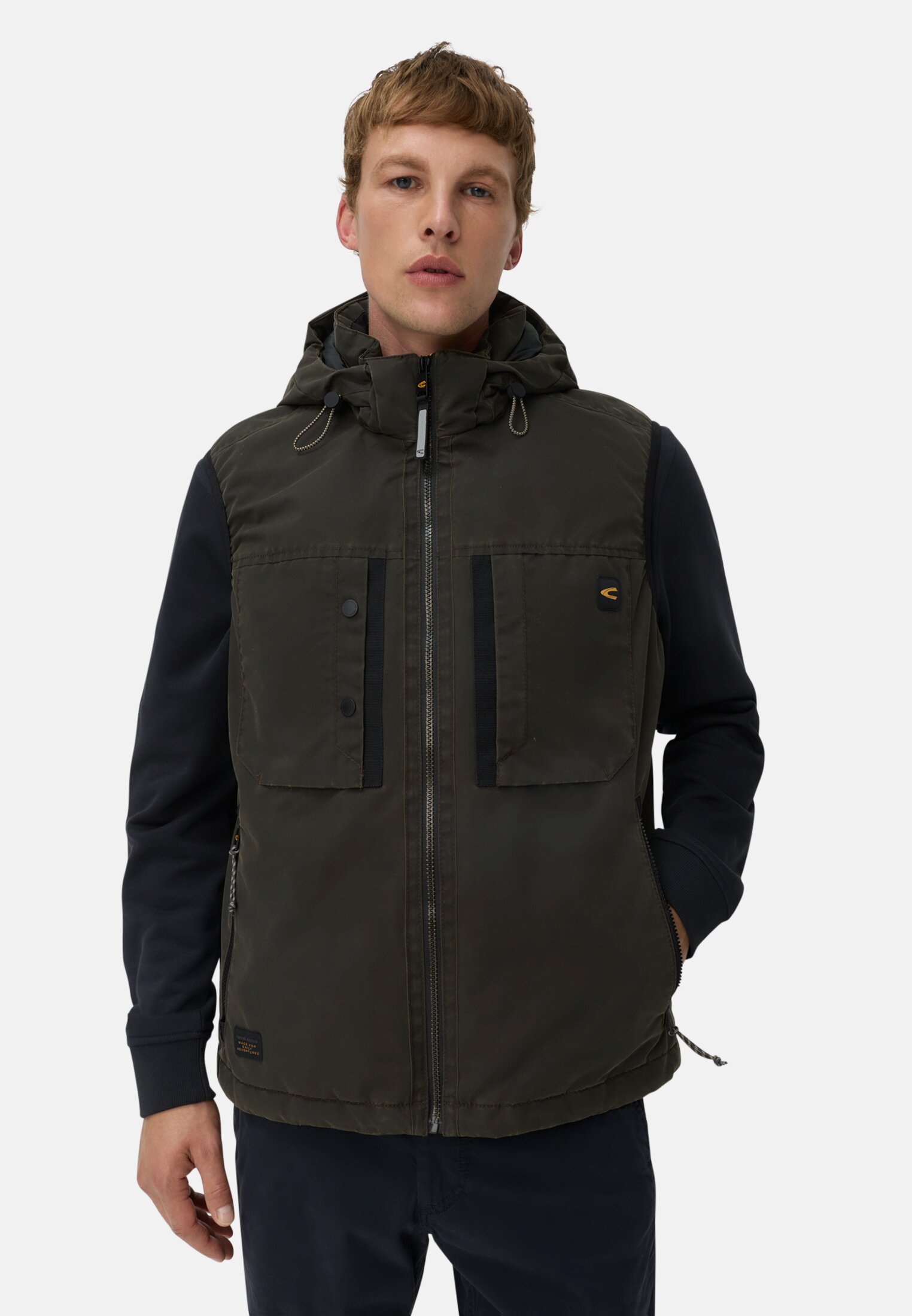 Men Outdoor vest with removable hood Dark brown worn front