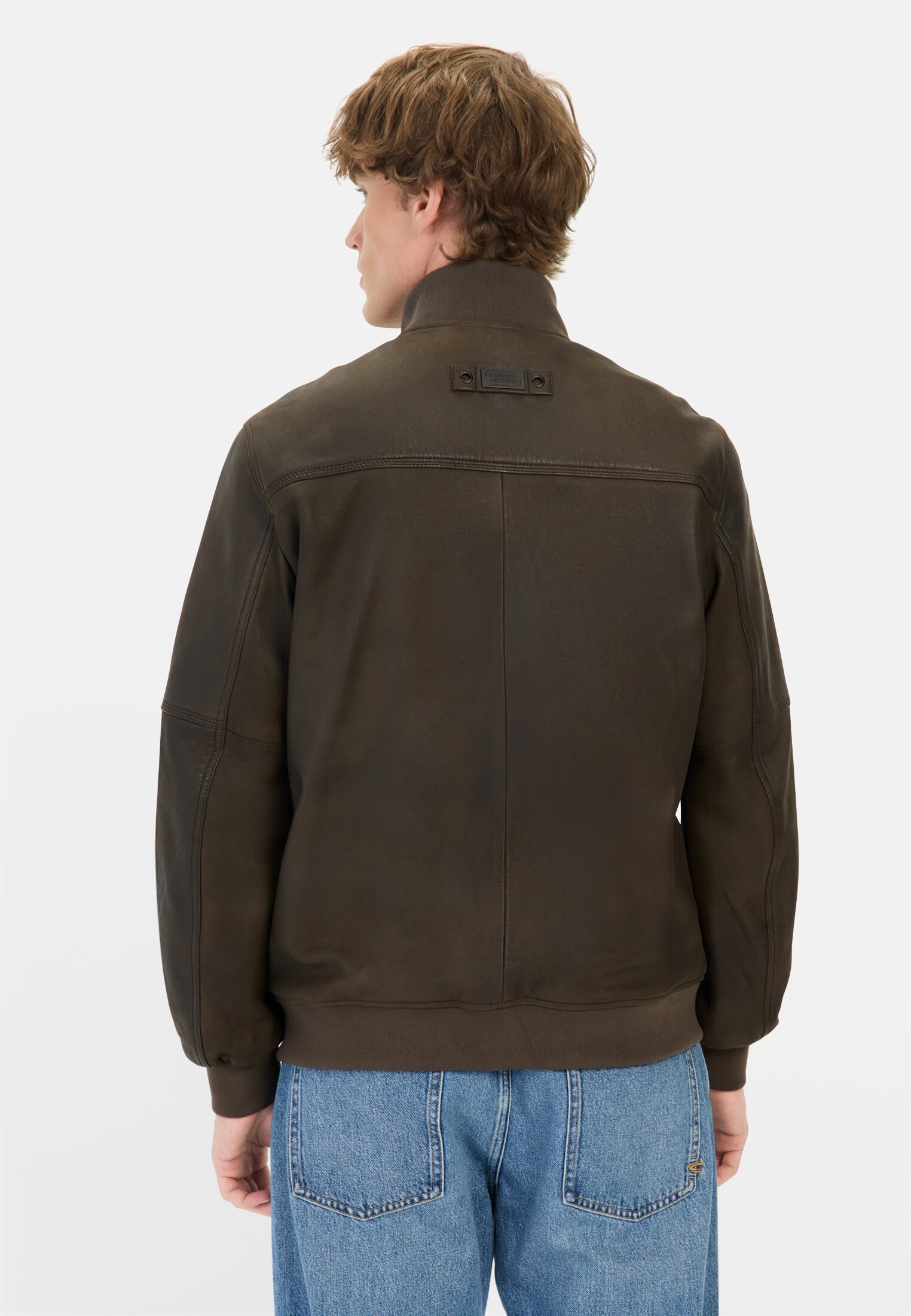 Herren Lederjacke mit Bomberkragen Olive-Braun getragen hinten