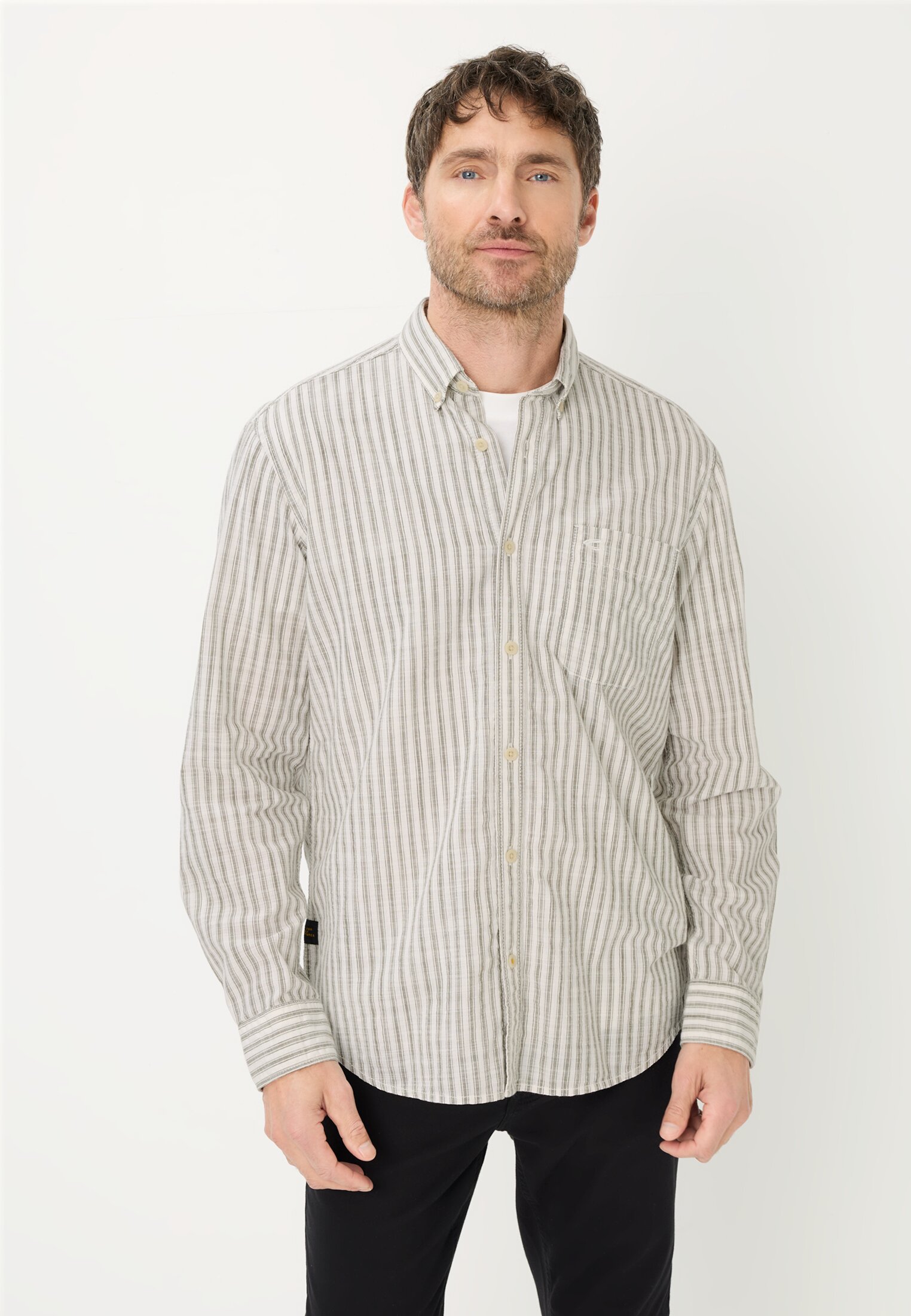 Men Long-sleeve shirt with button-down collar Olive Green worn front