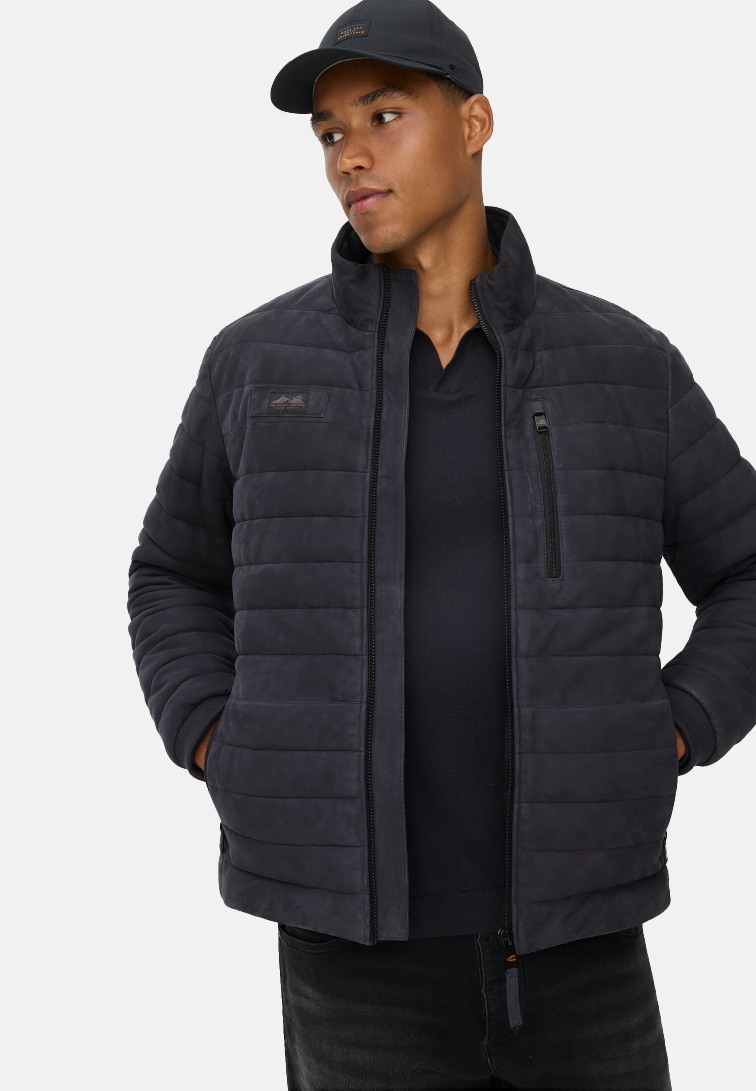 Men Leather jacket with stand-up collar and chest pocket Navy blue worn emotional