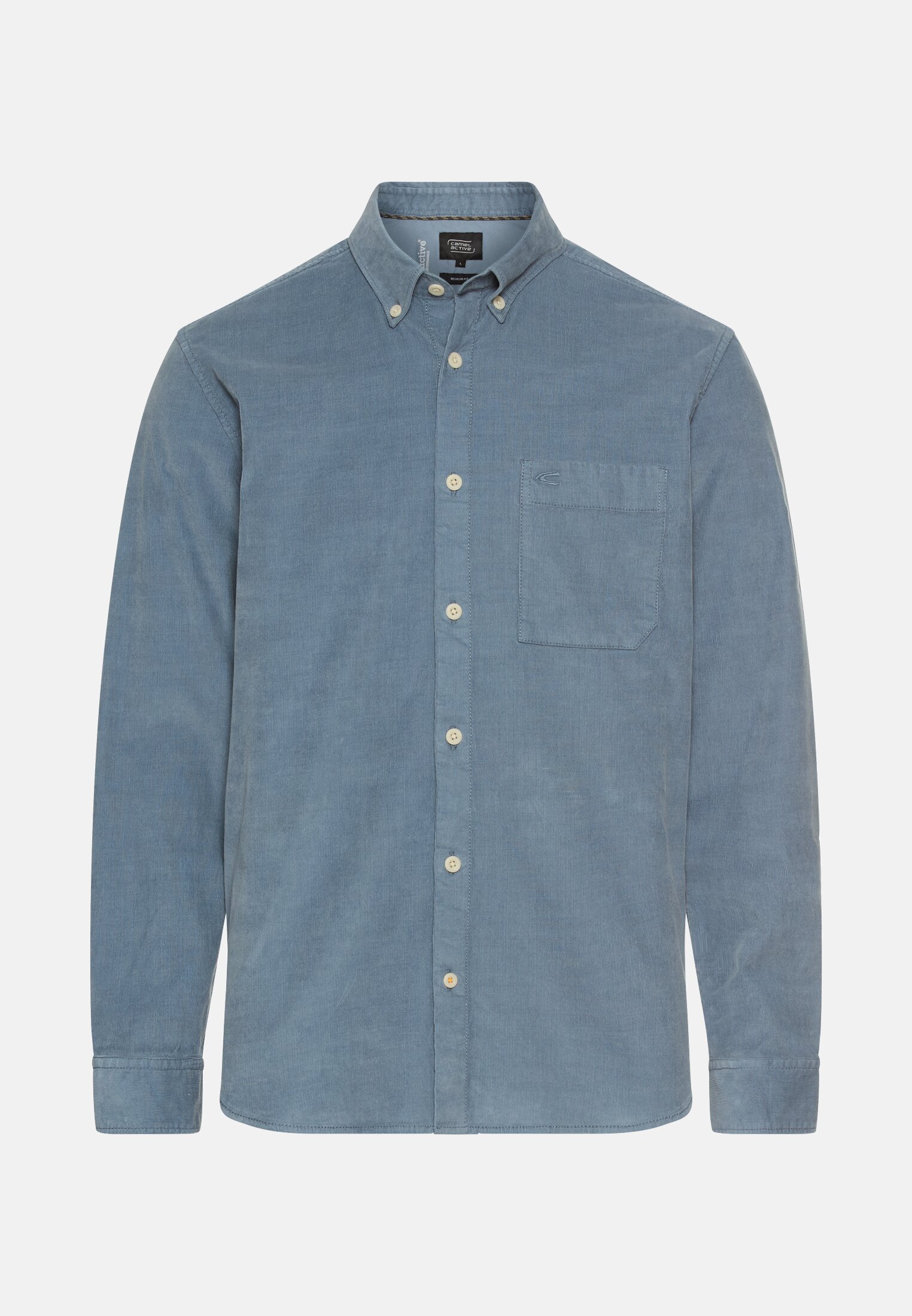Herren Langarm Shirt mit Button-Down-Kragen und Brusttasche Steinblau frontal vorn