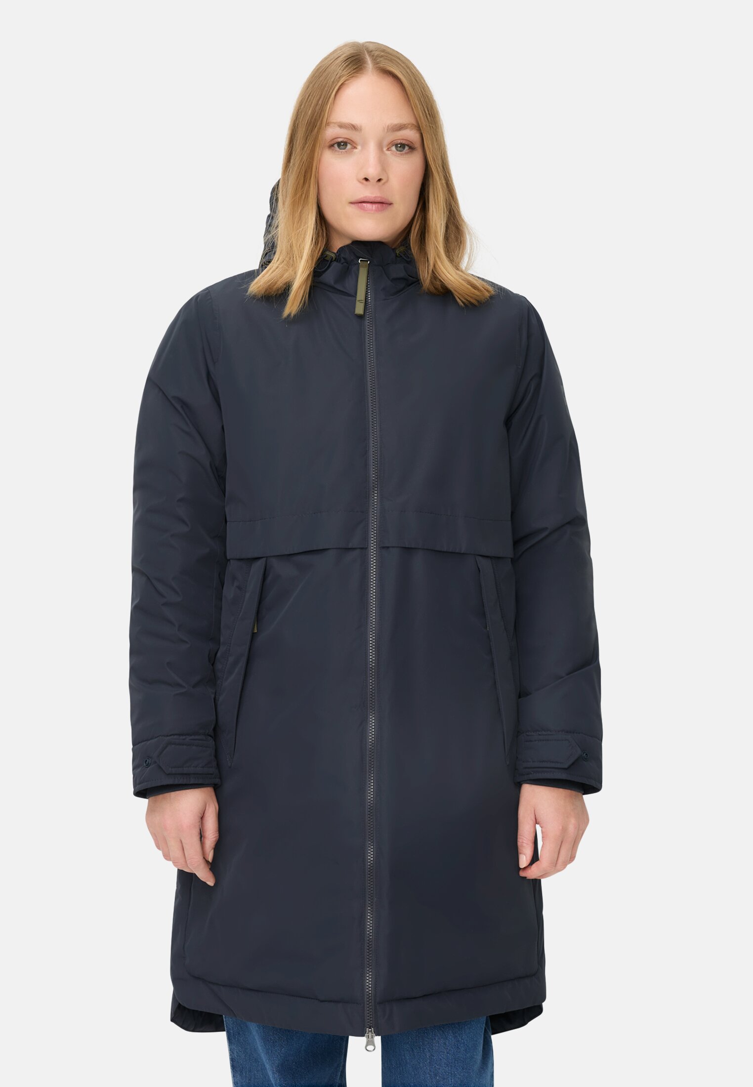 Damen Winterparka mit Kapuze Dunkelblau getragen vorn