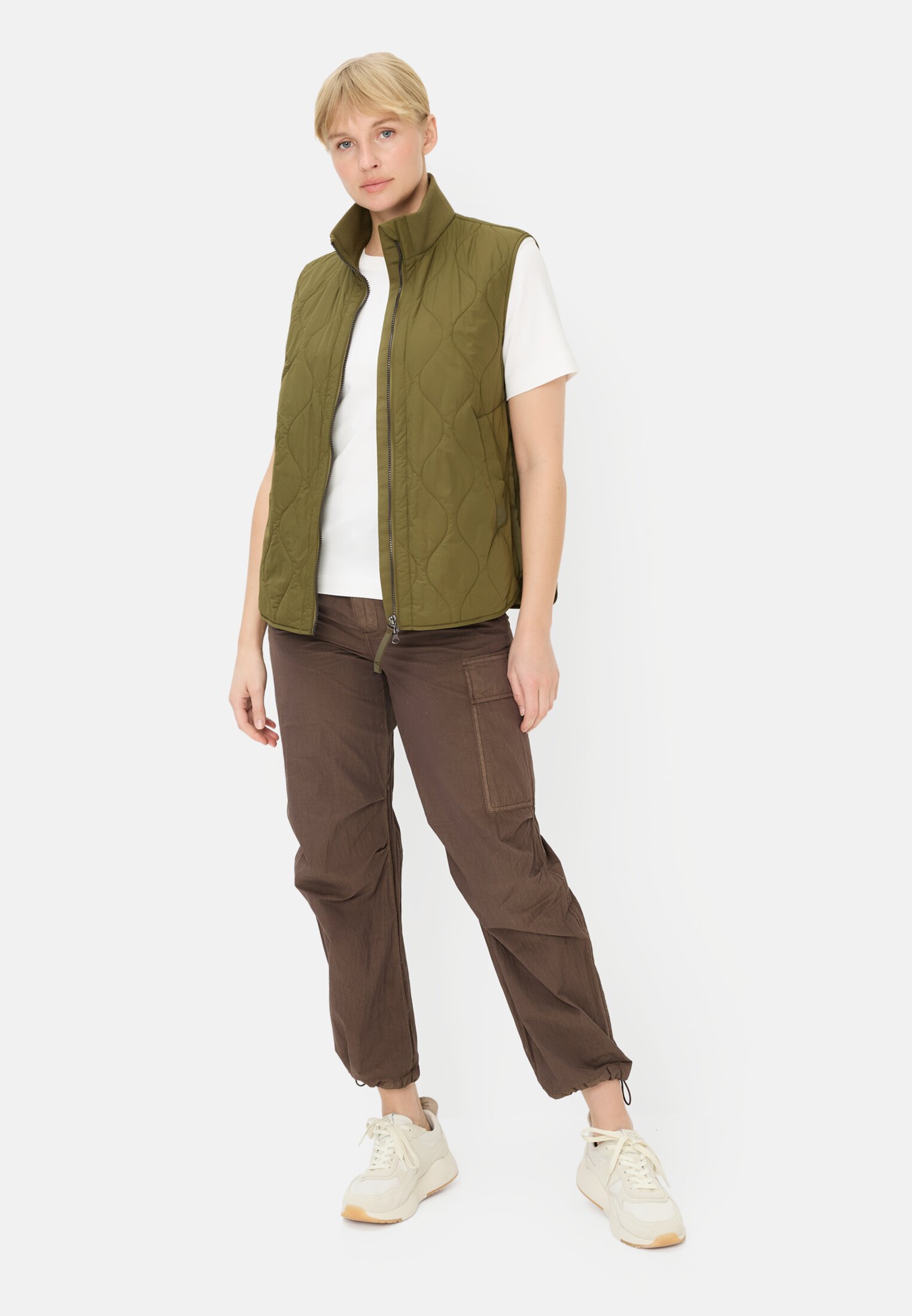 Women Vest with stand-up collar Olive worn front full body