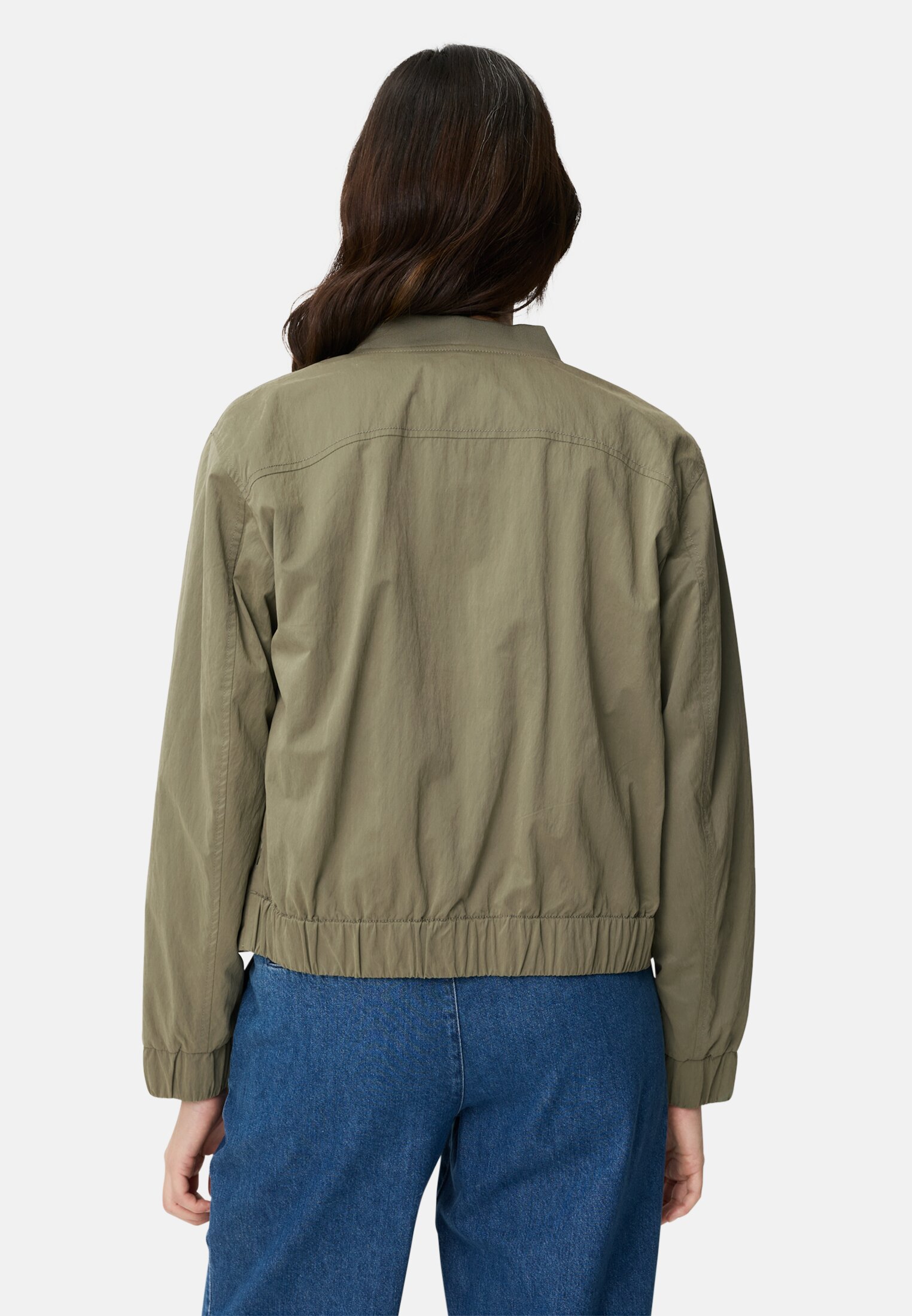 Women Indoor jacket with bomber collar Dark Green worn back