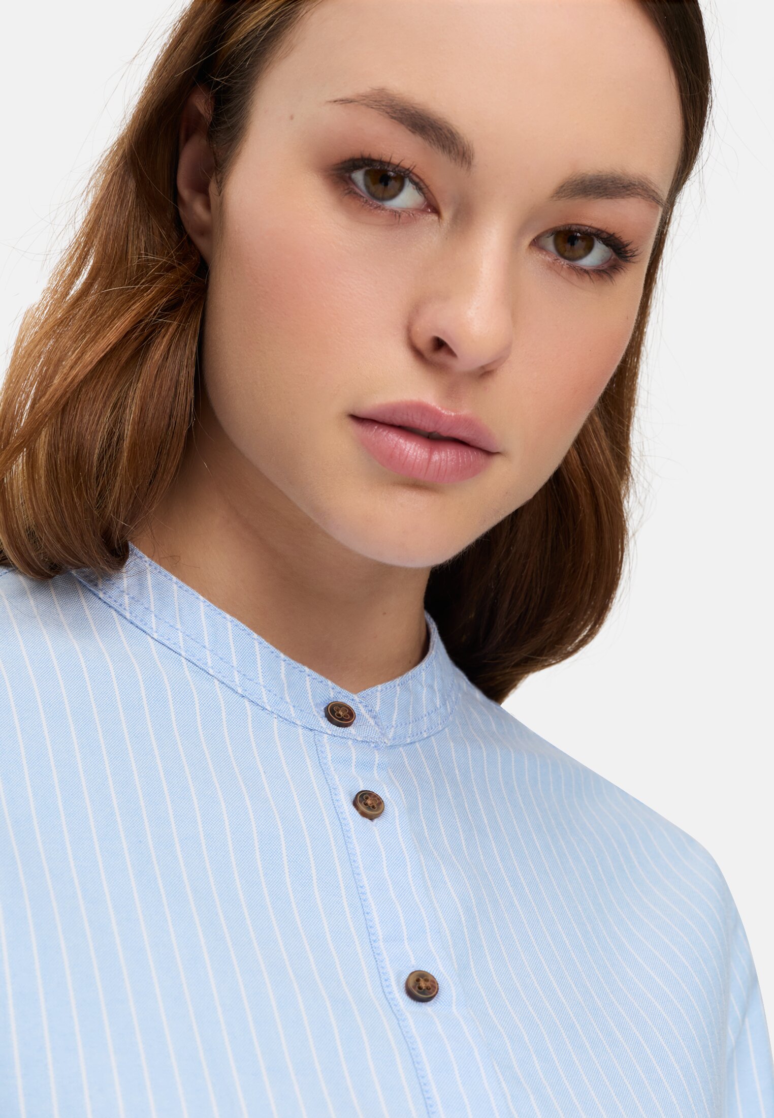Women Striped blouse with roll-up sleeves Light Blue worn detail close