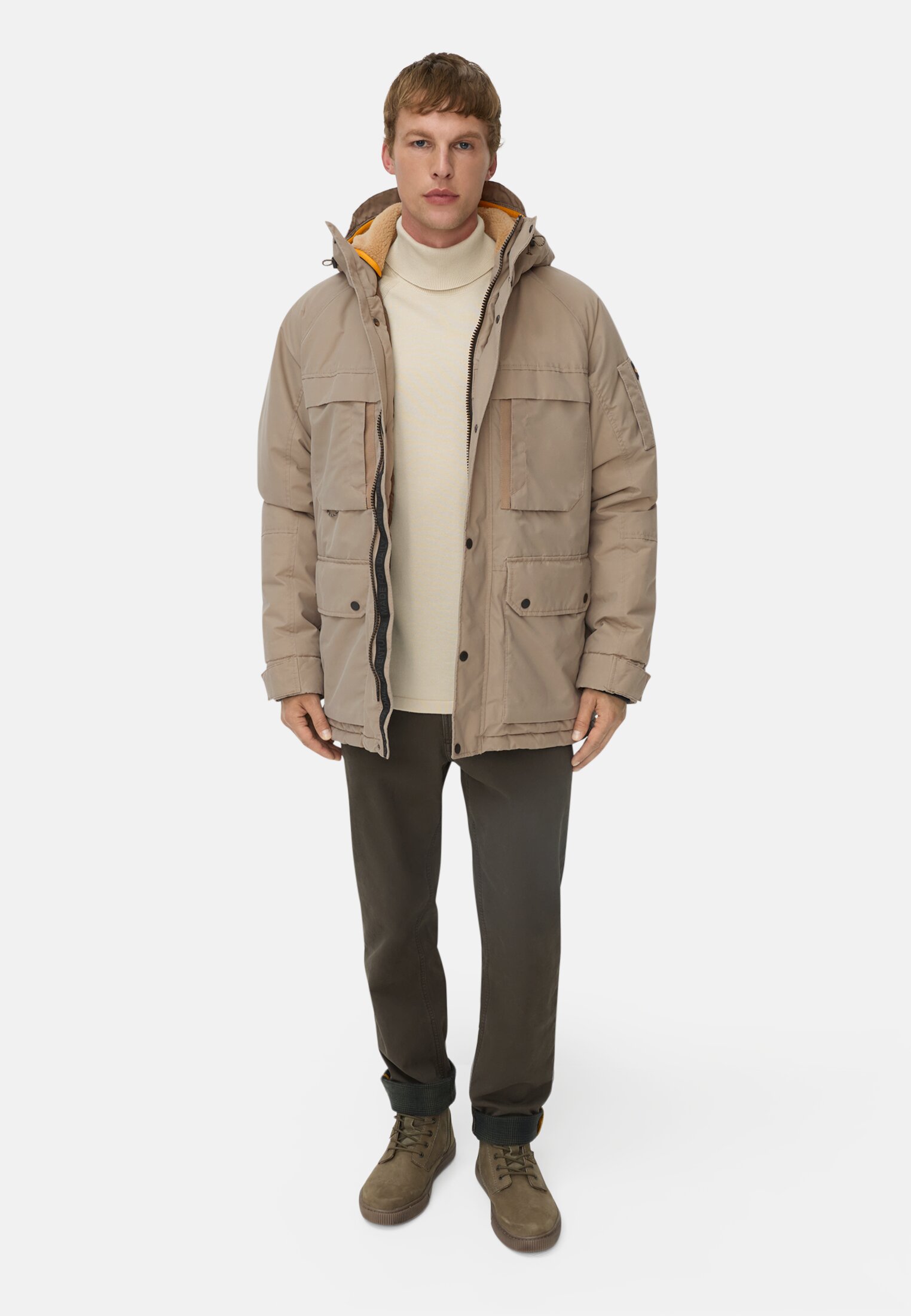 Men Winter jacket with pockets Beige worn front full body