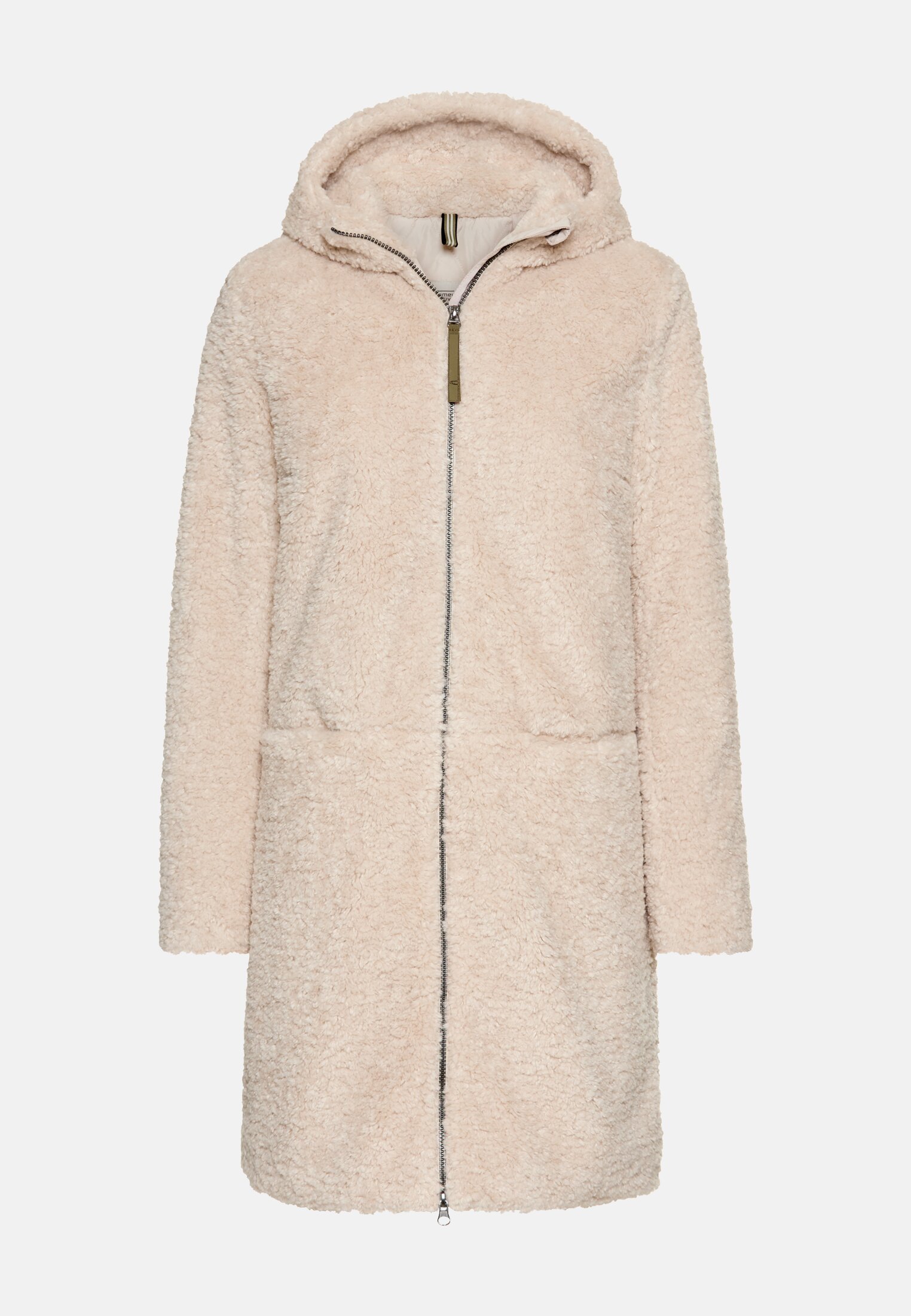 Damen Teddy Mantel mit Kapuze Mandel frontal vorn