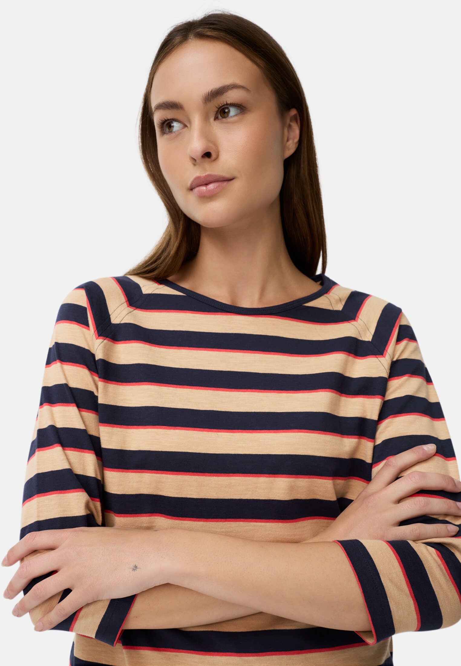Women 3/4-sleeve T-shirt with striped pattern Caramel worn detail close