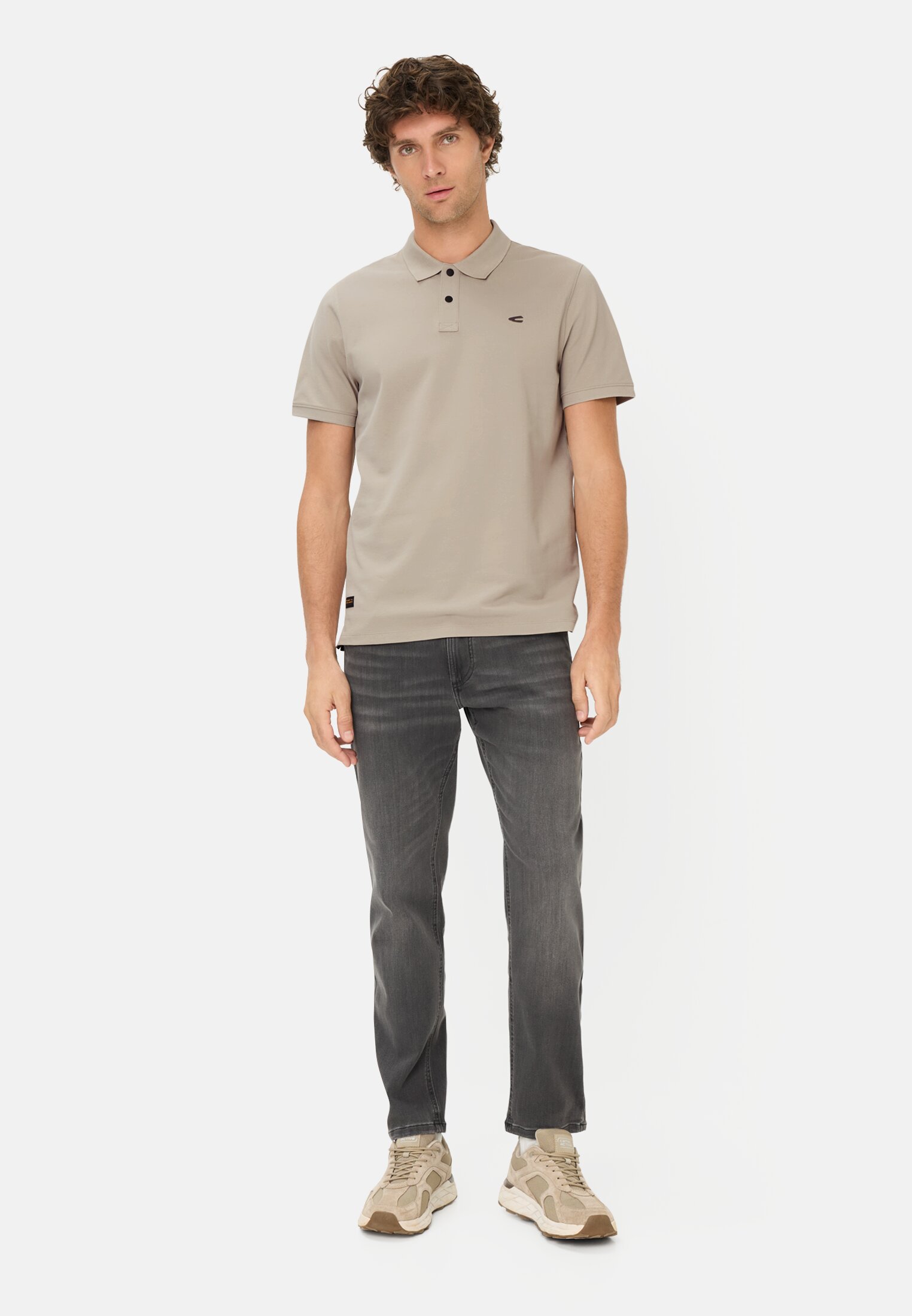 Men Polo shirt with contrast details Beige worn front full body