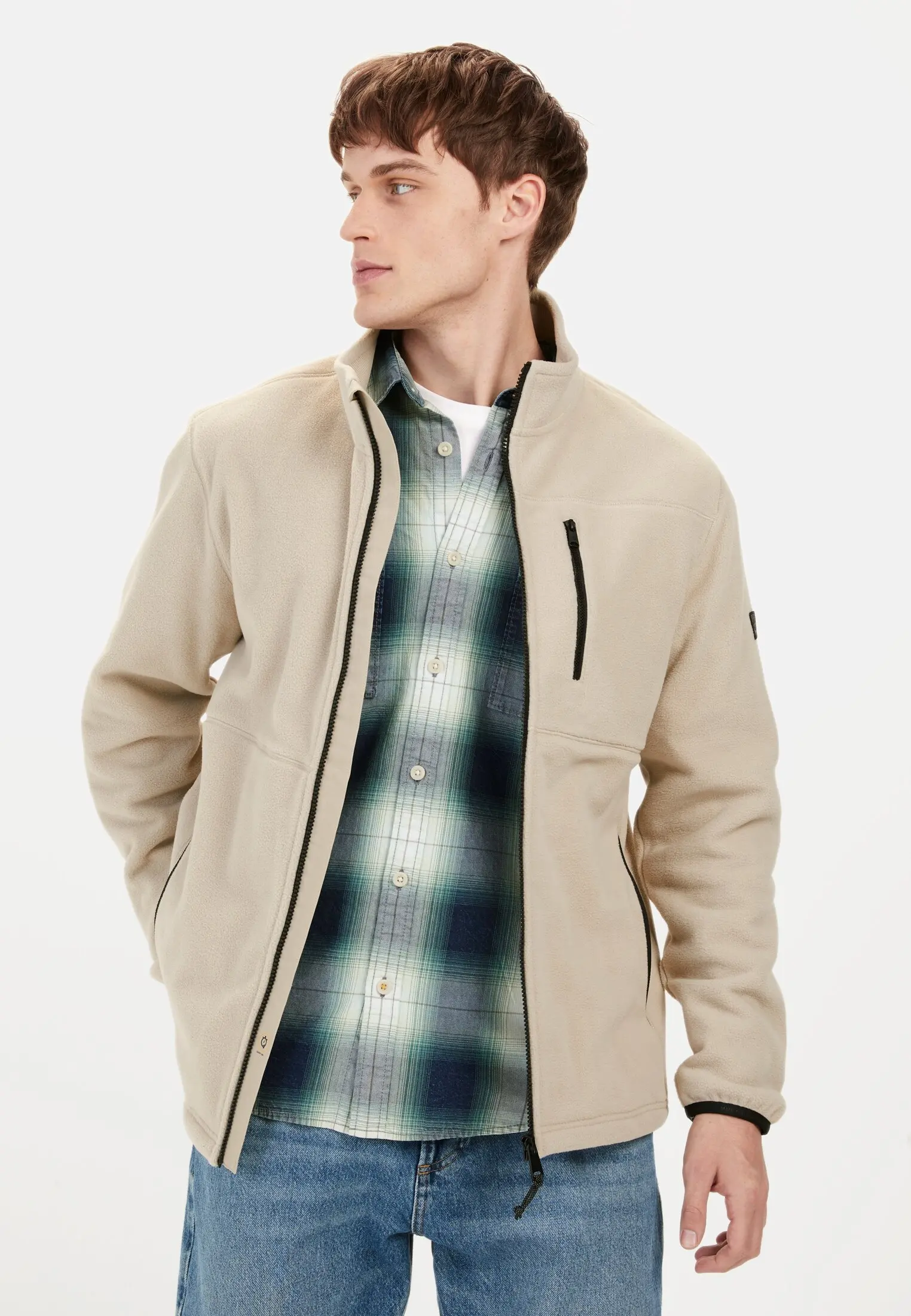 Men Fleece jacket with stand-up collar Beige worn front