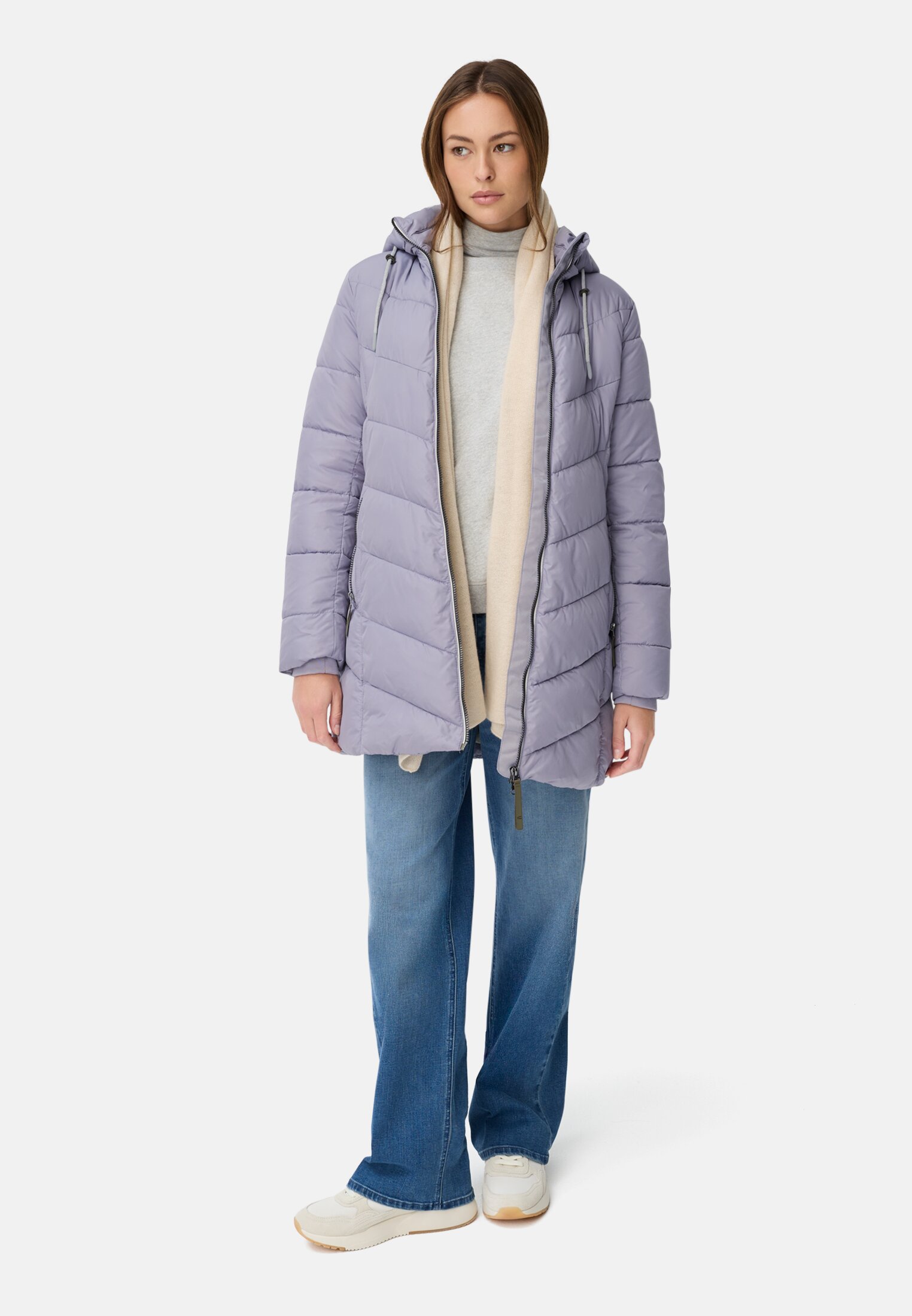 Women Padded jacket with detachable hood Purple worn front full body