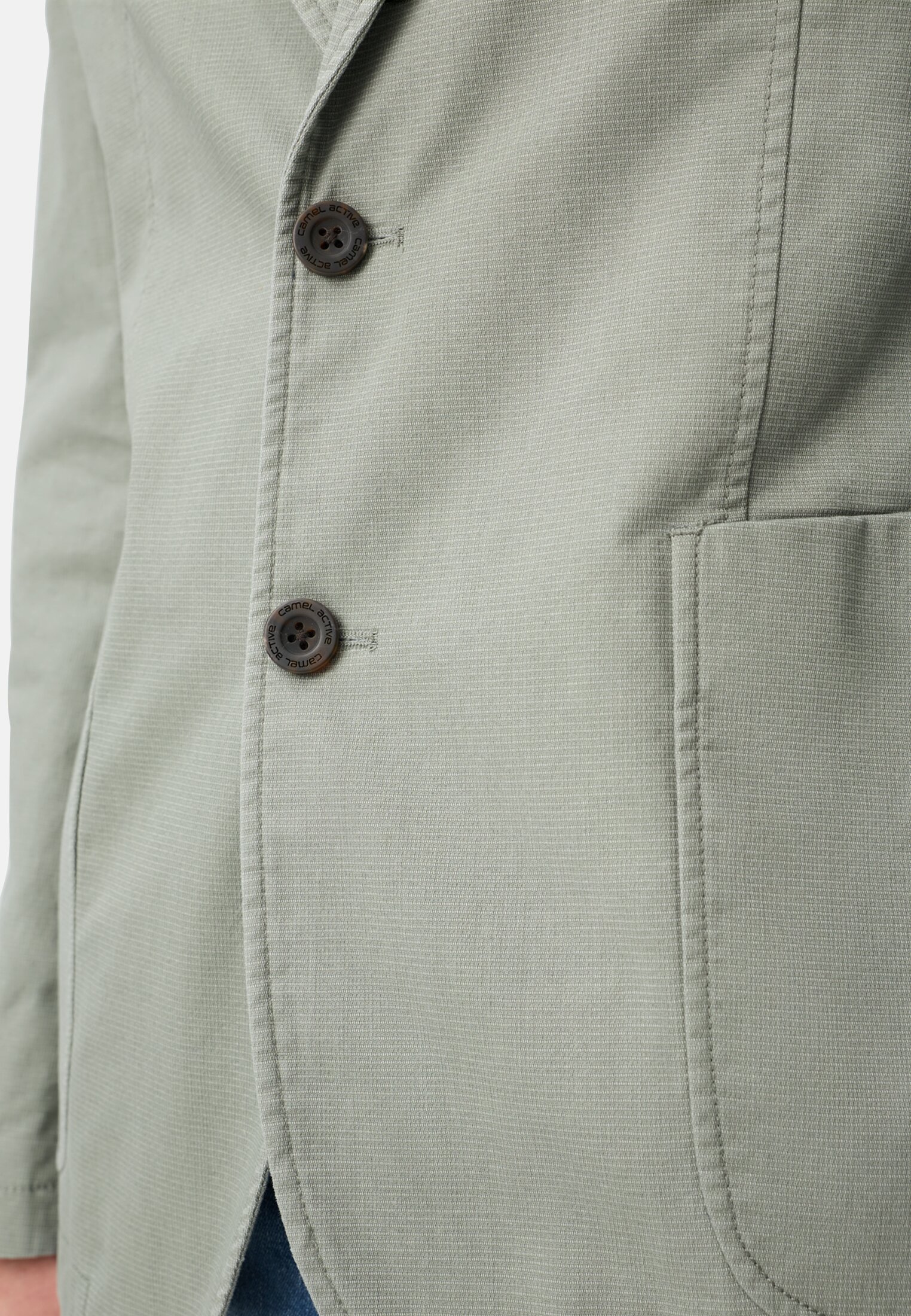 Heren Elastisch colbert met veiligheidszak Khaki gedragen detail dichtbij