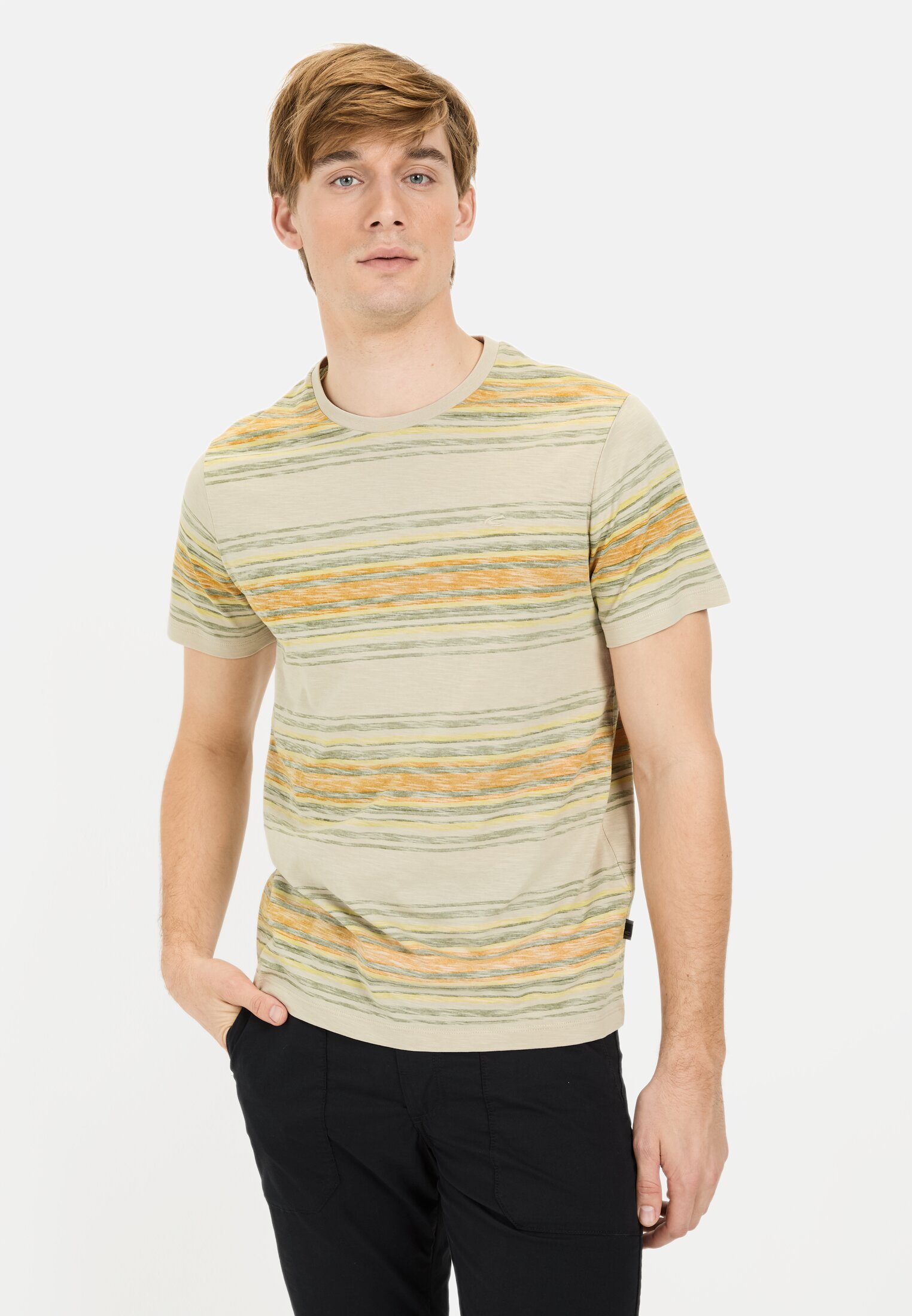Herren T-Shirt mit Streifenmuster aus Baumwolle Gelb getragen vorn