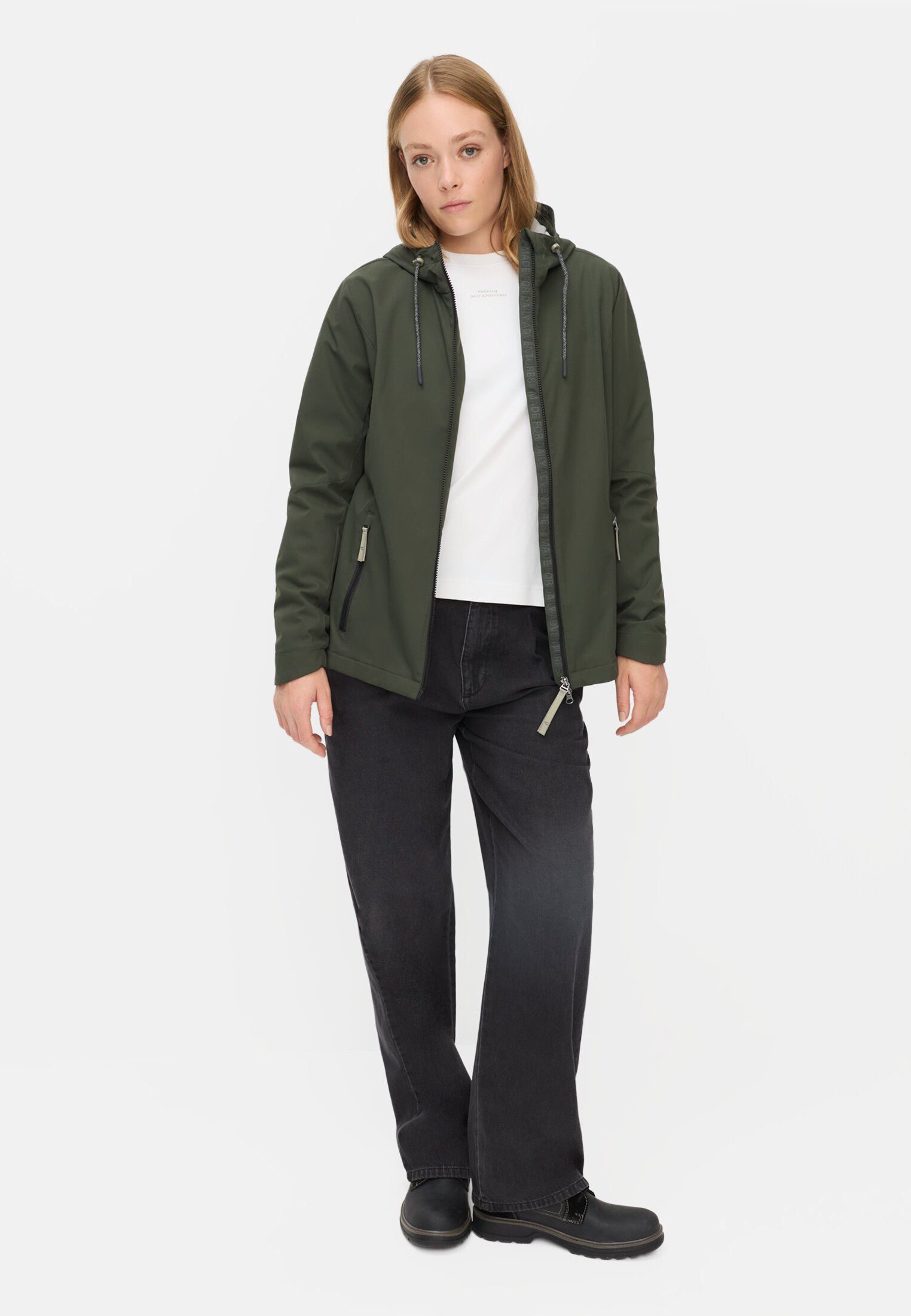 Women Functional jacket with adjustable hood Forest Green worn front full body