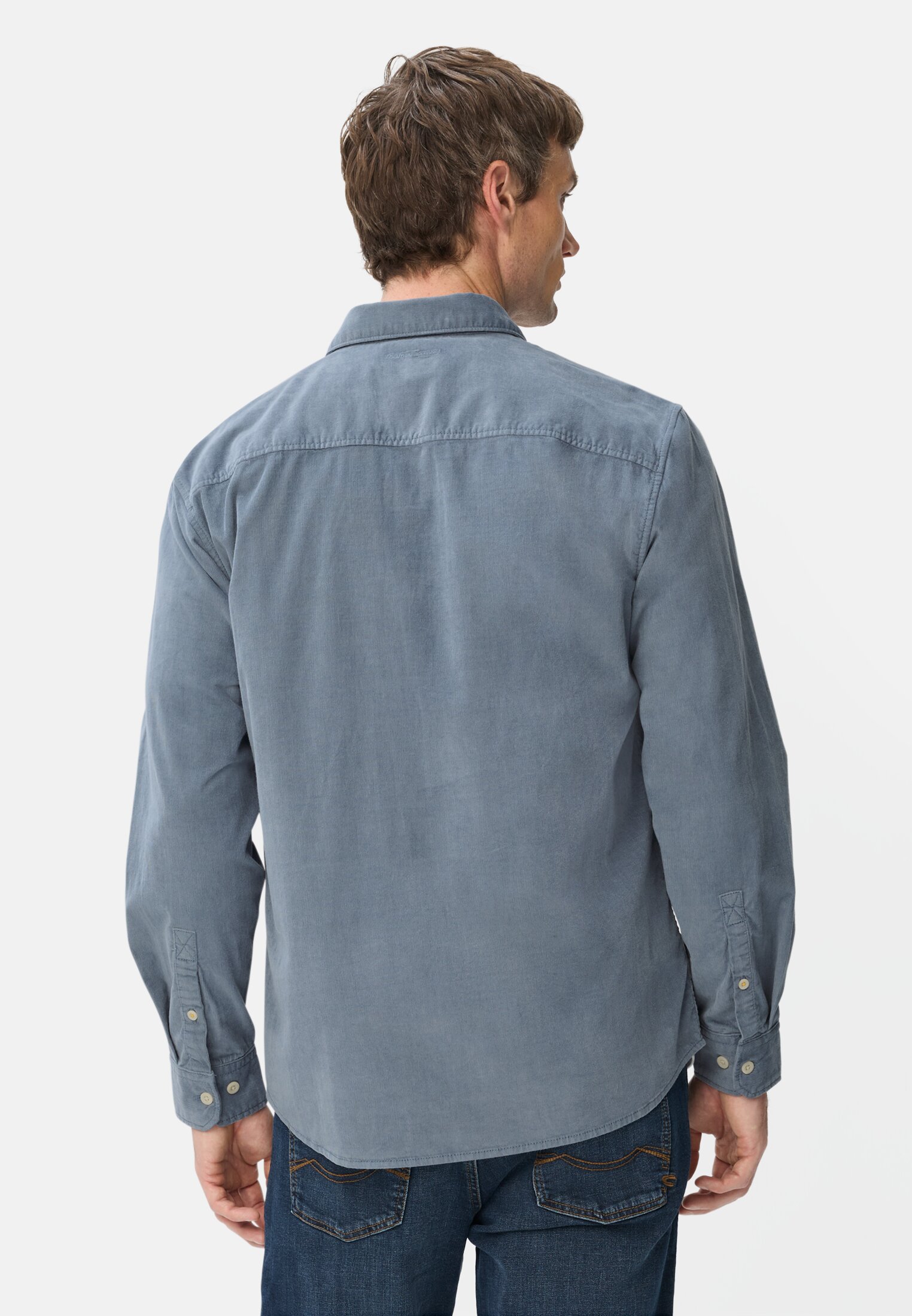 Herren Cord Hemd mit 2-Wege Stretch Steinblau getragen hinten