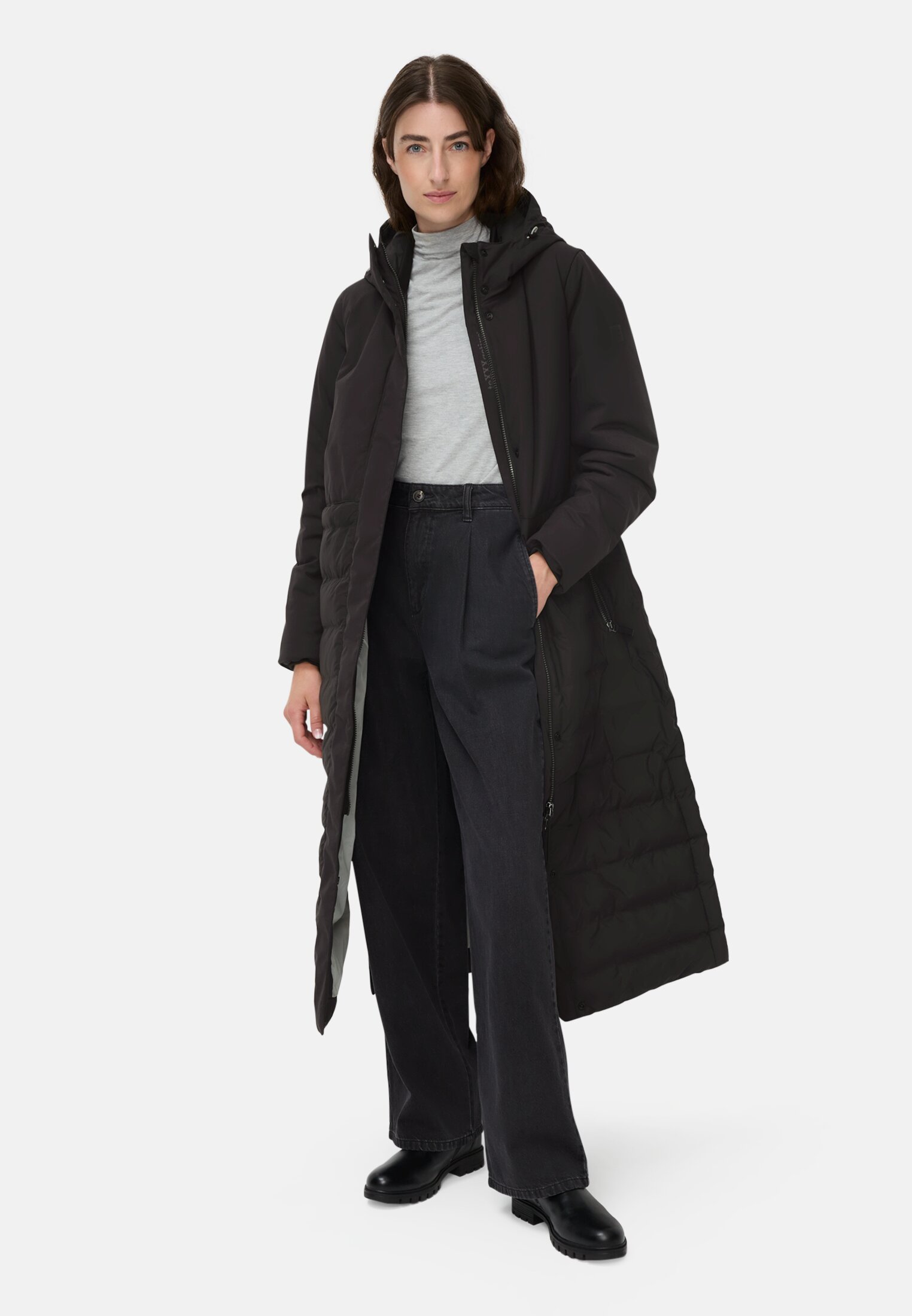 CAMEL ACTIVE Langer Puffermantel mit gefütterter Kapuze in Schwarz