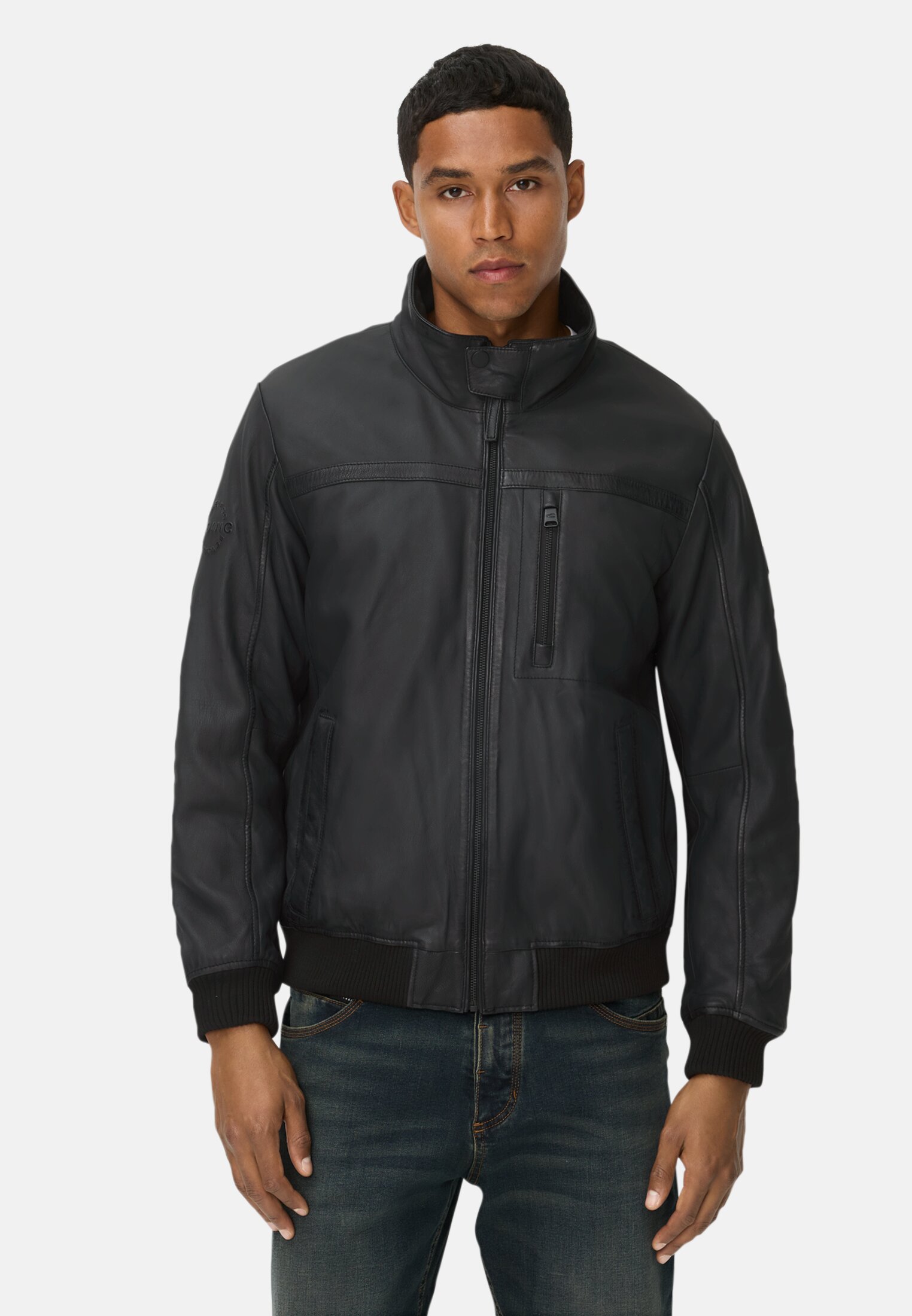 Men Leather jacket with stand-up collar Black worn front