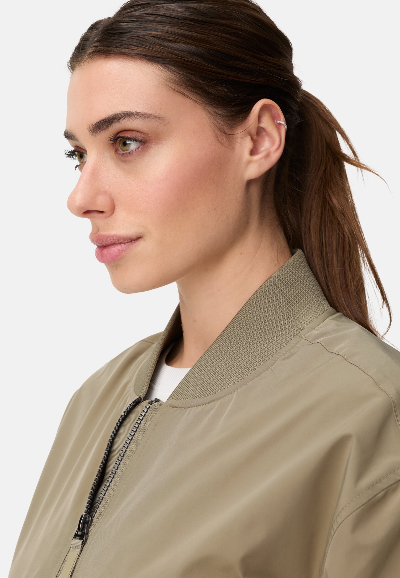 Women Bomber jacket with pockets Sage worn detail close