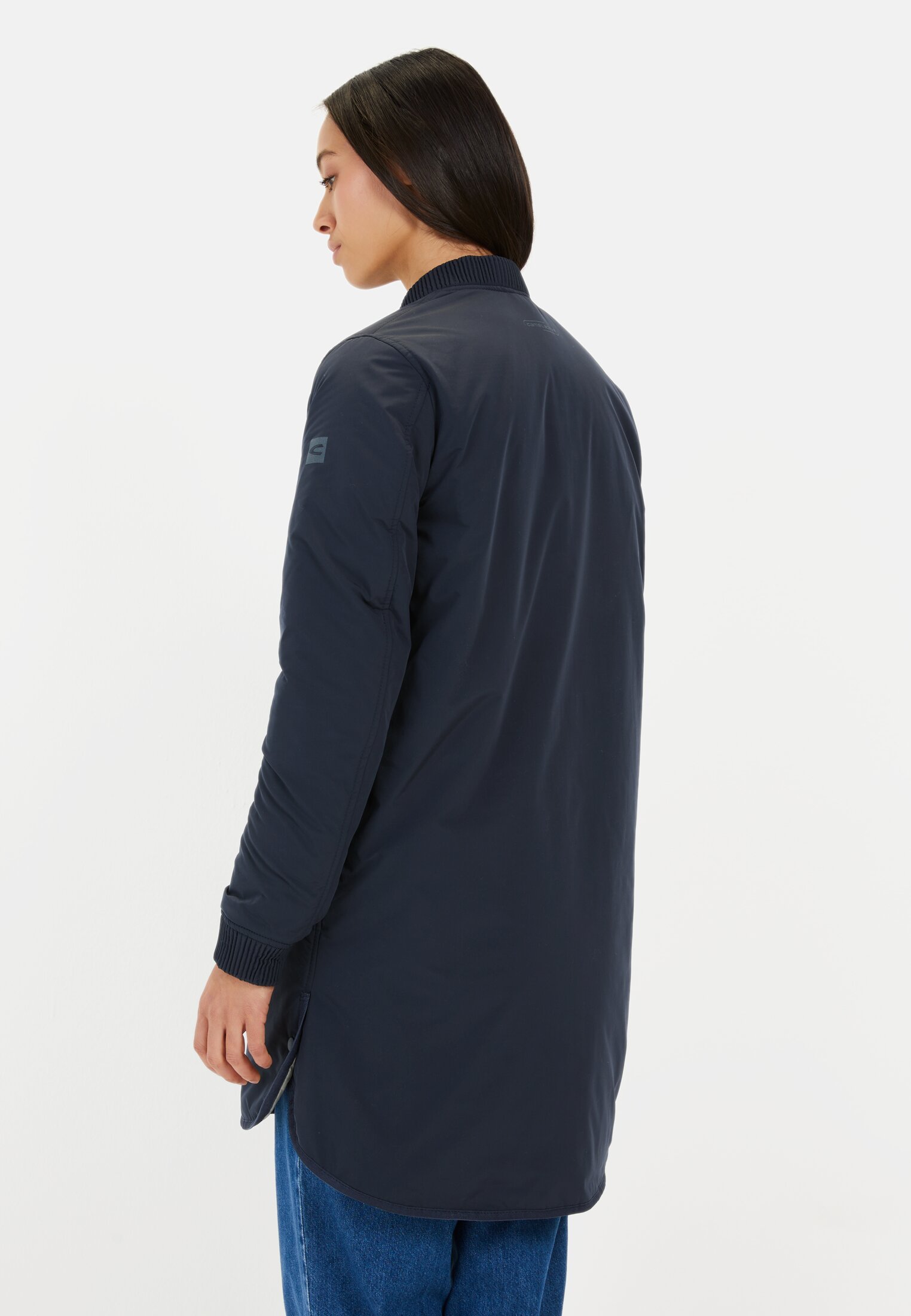 Women Recycled polyester coat Navy worn back
