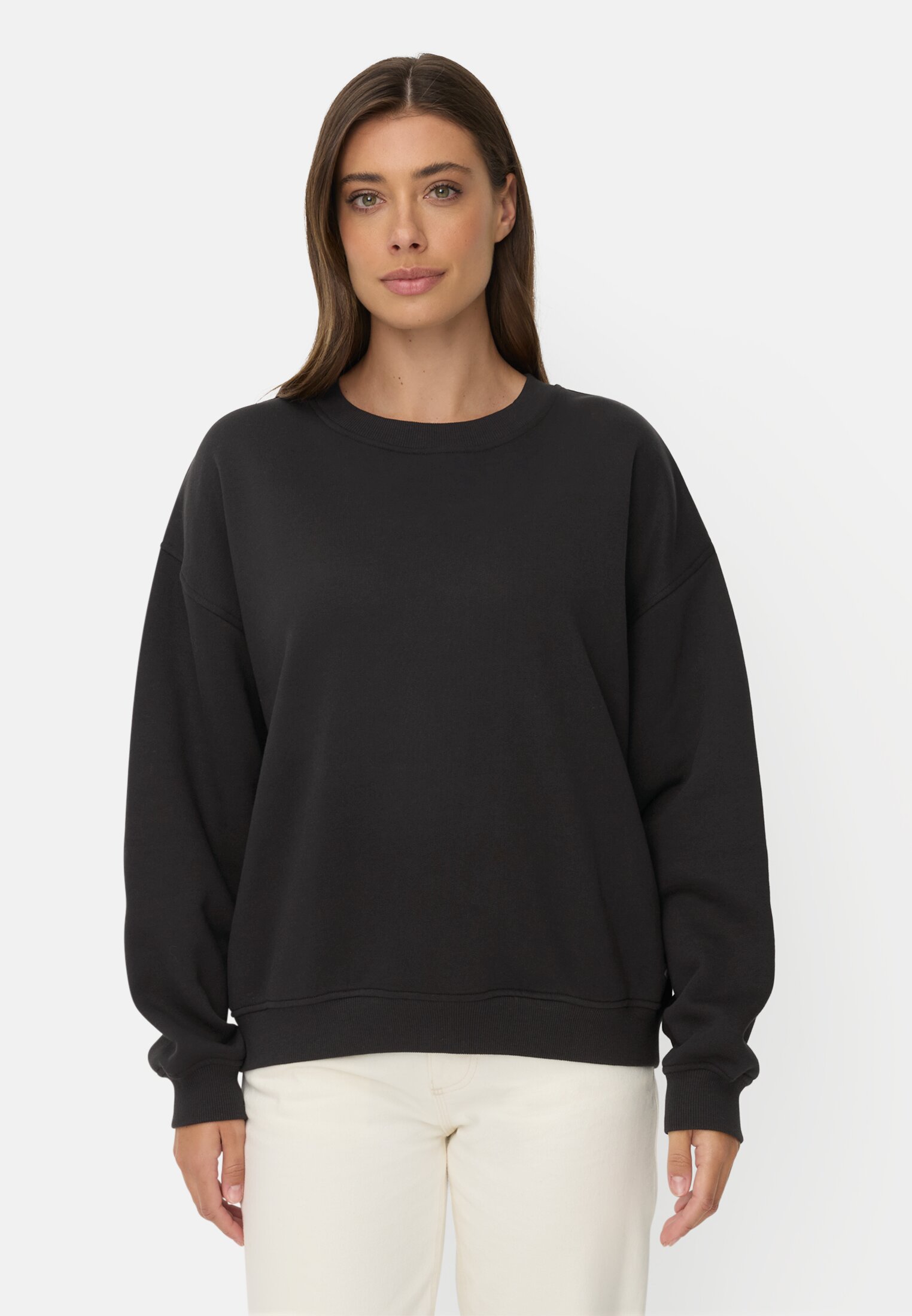 Damen Sweatshirt mit Backprint Schwarz getragen vorn