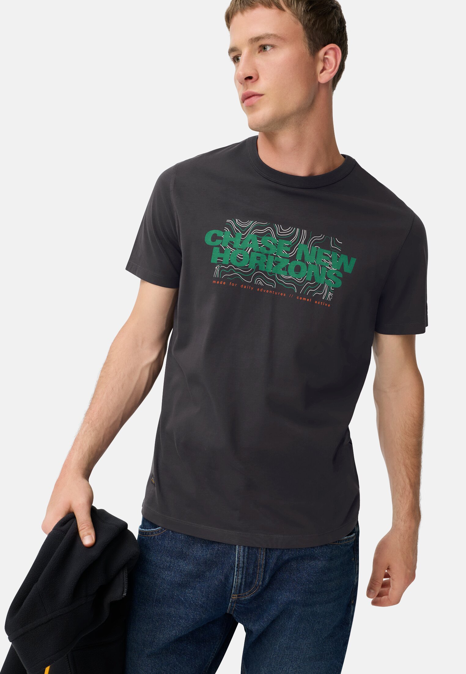 Men T-shirt made of pure cotton with a round neckline Navy blue worn emotional