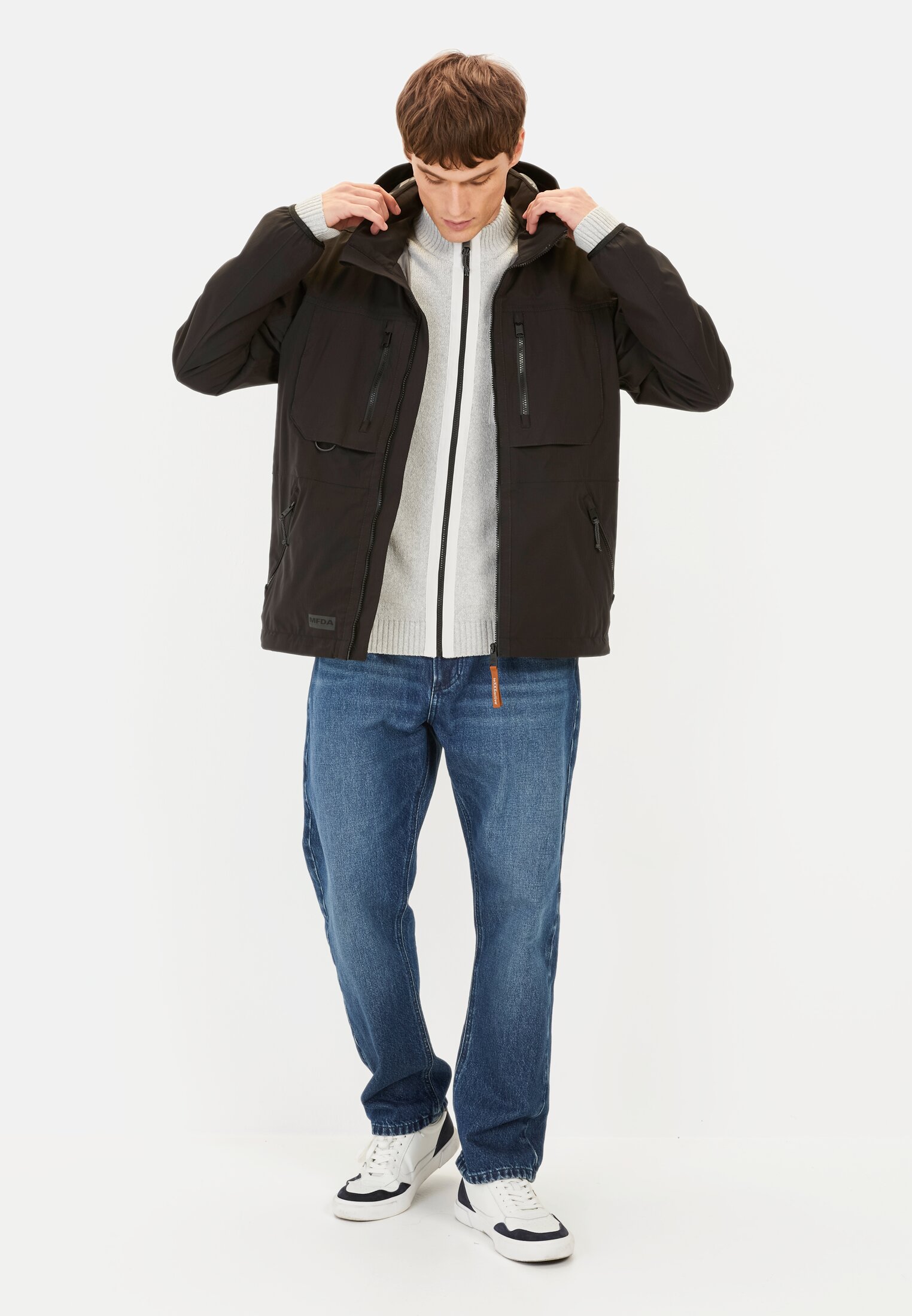 Men TeXXXactive® Windbreaker with removable hood Black worn front full body