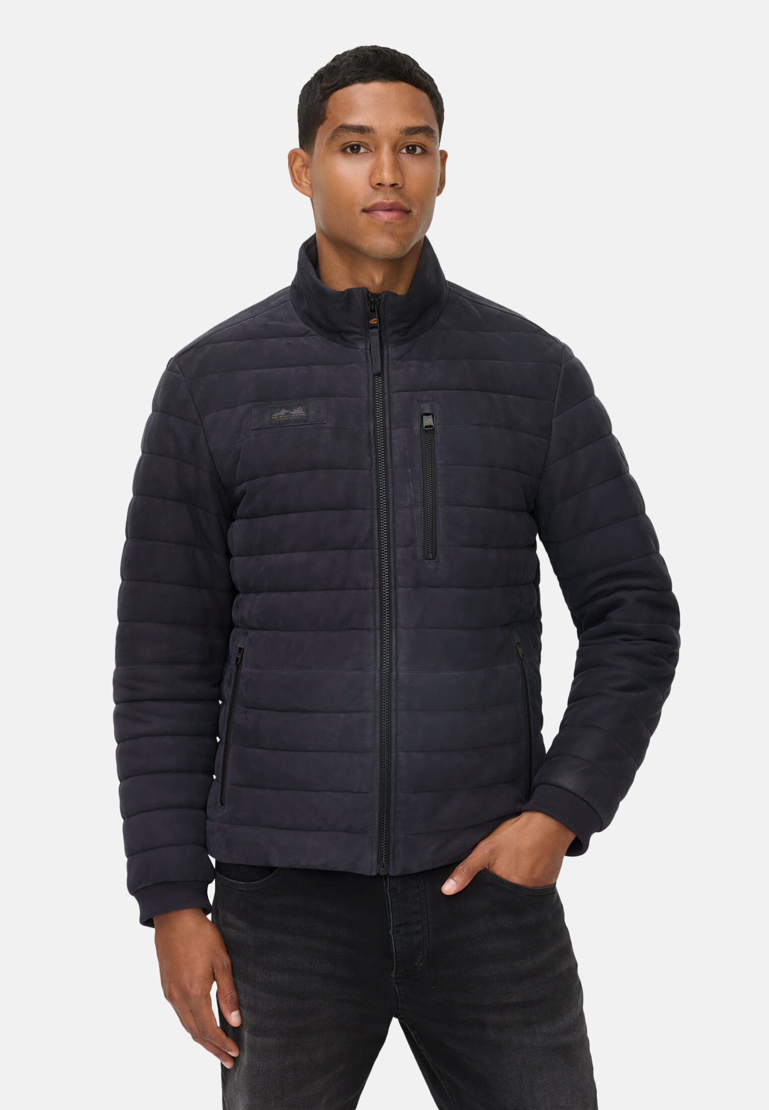 Men Leather jacket with stand-up collar and chest pocket Navy blue worn front