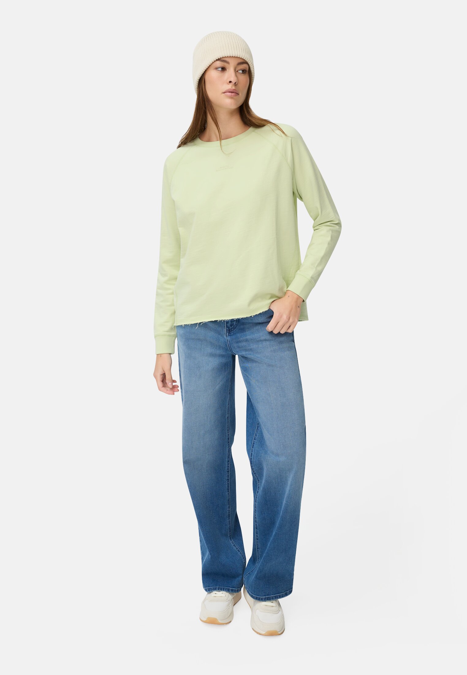 Women Sweatshirt with raglan sleeves Lime green worn front full body