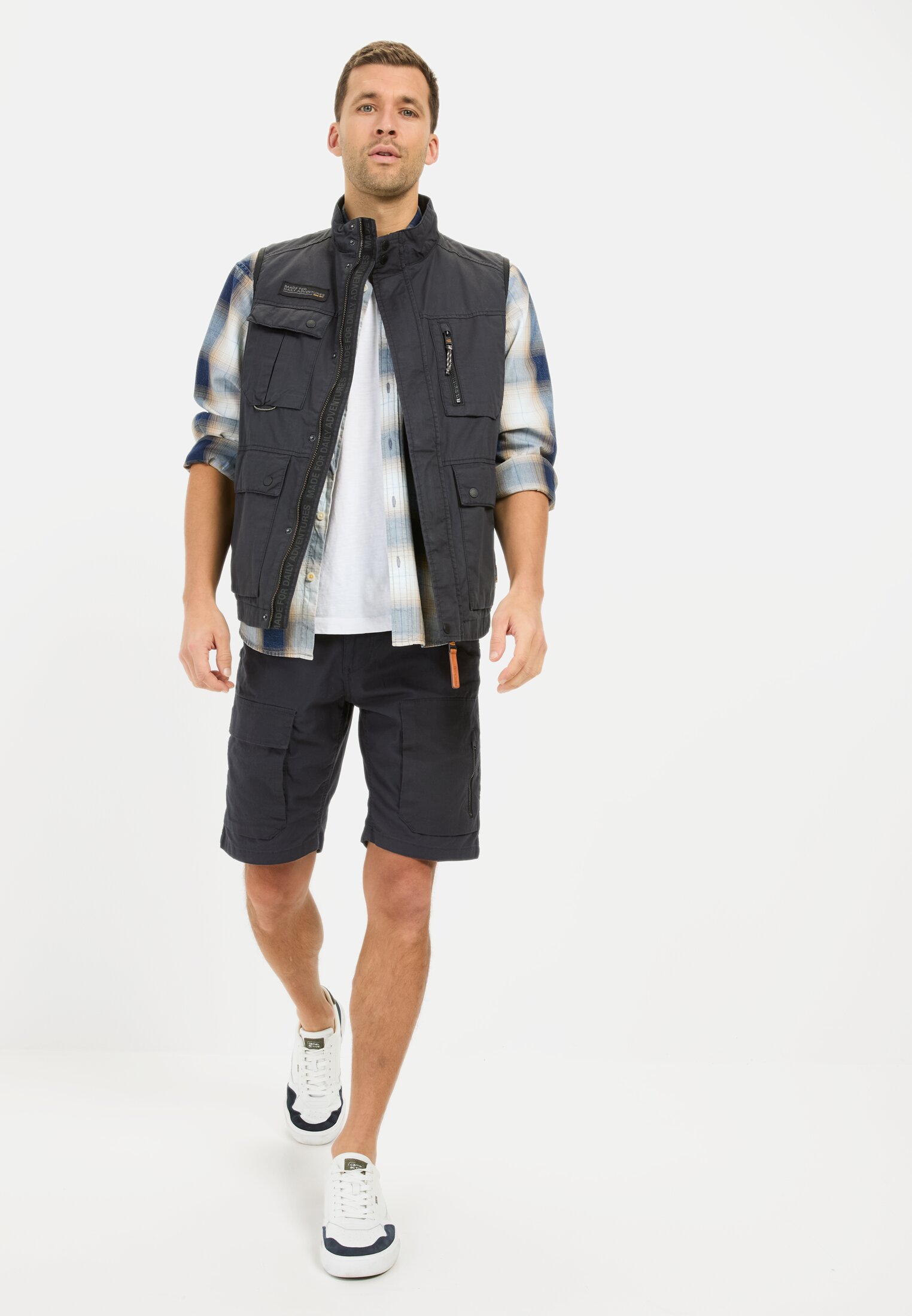 Men Cargo shorts with ripstop contrast Dark Blue worn front full body