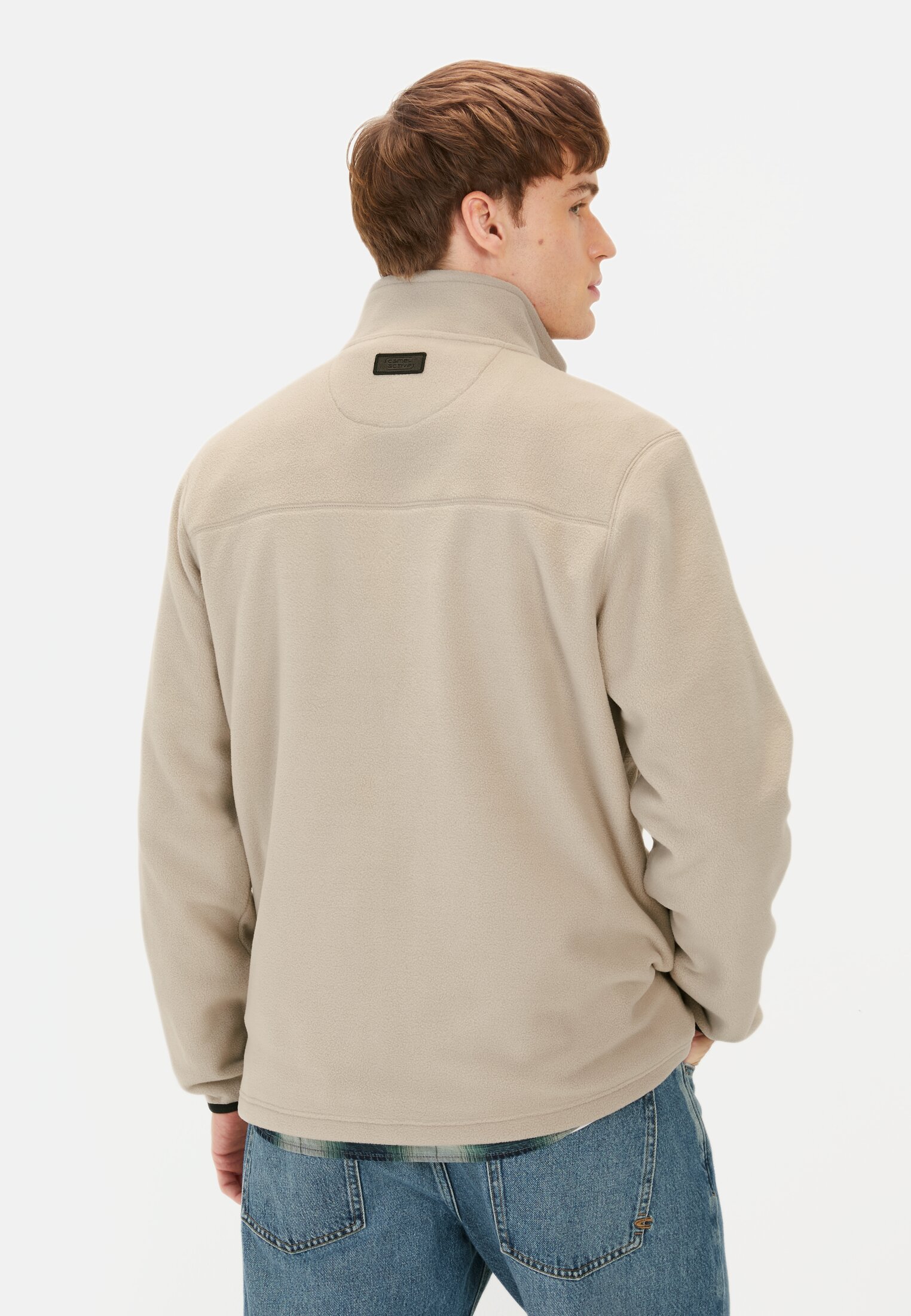 Men Fleece jacket with stand-up collar Beige worn back