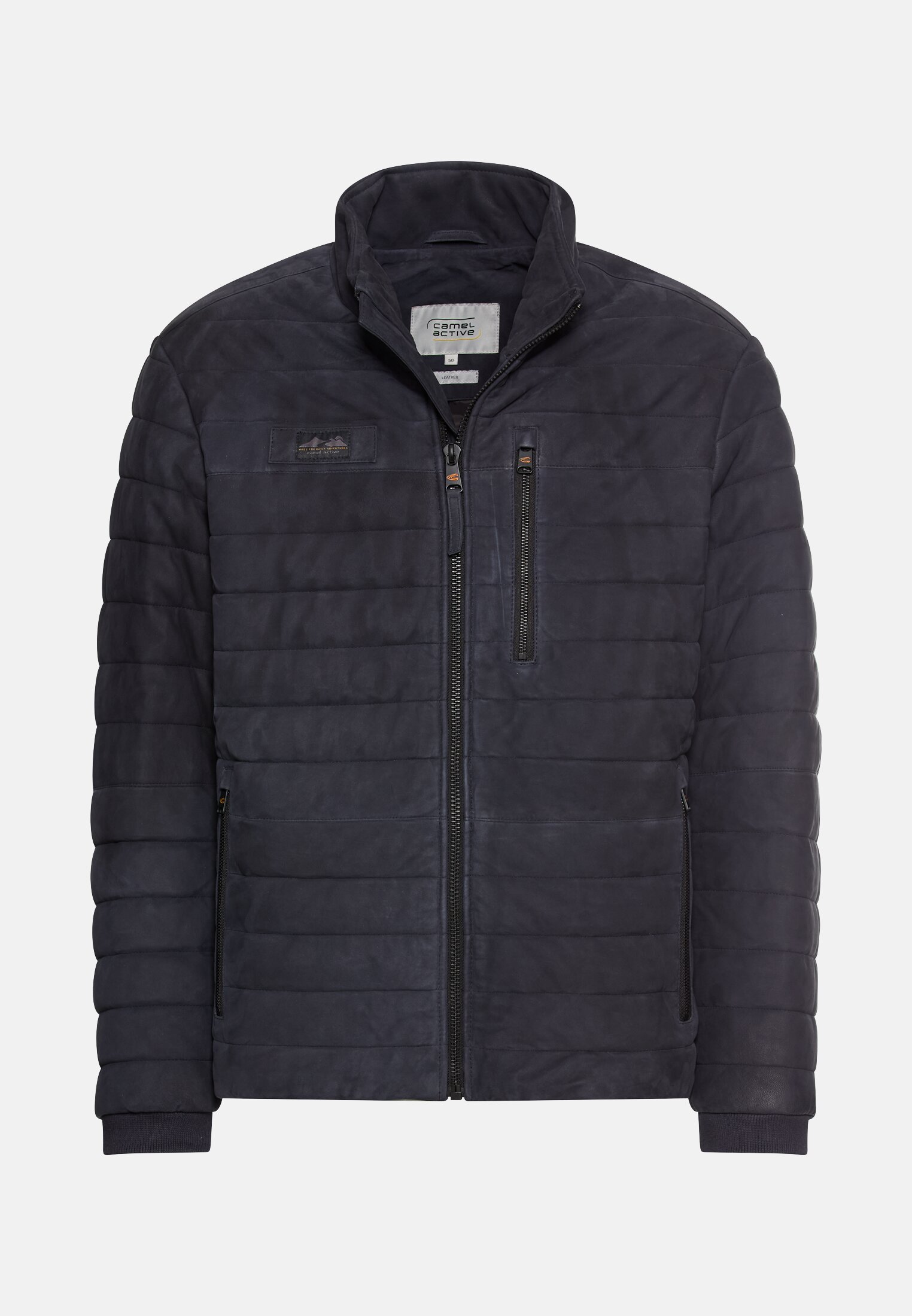 Men Leather jacket with stand-up collar and chest pocket Navy blue frontal front