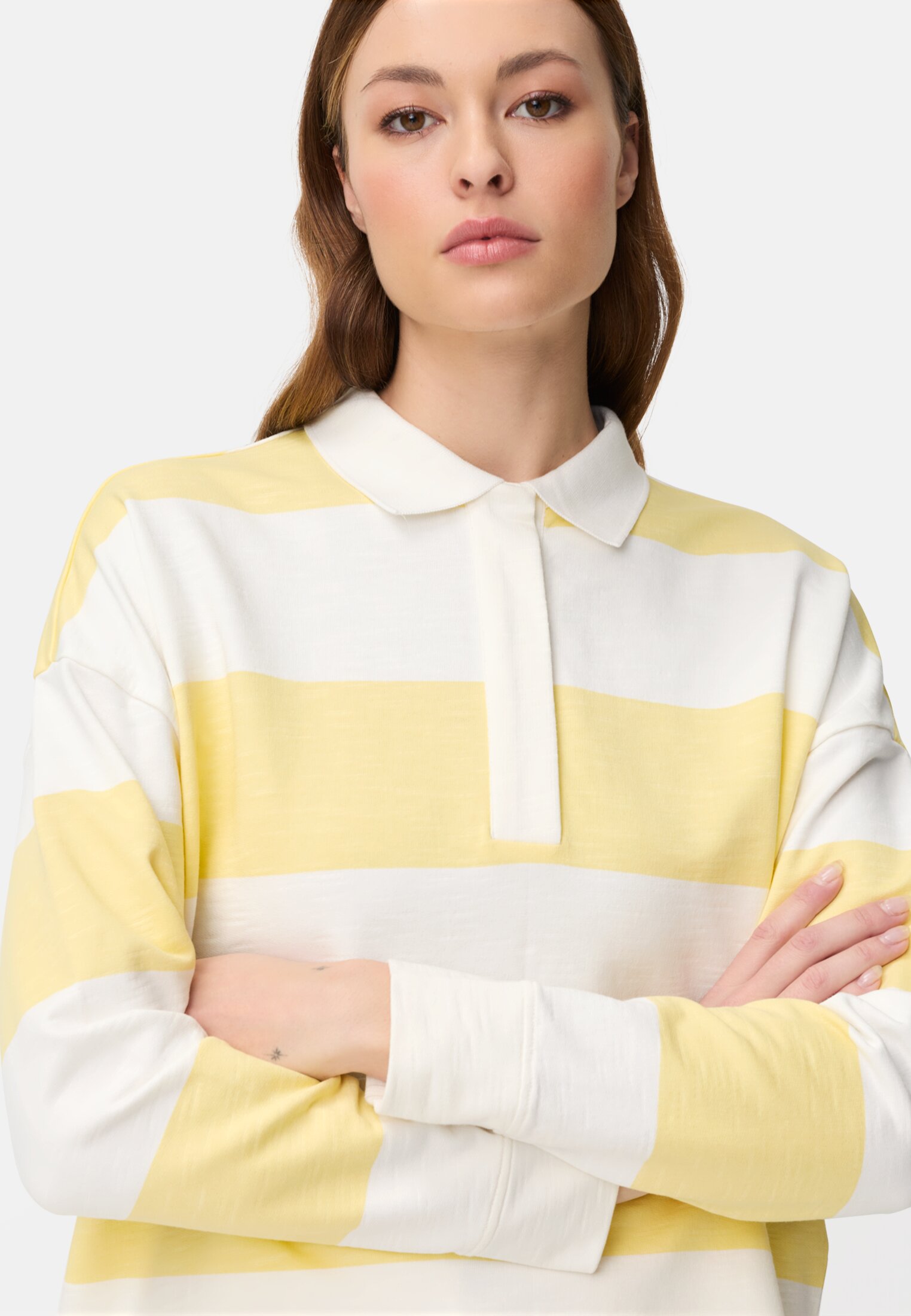 Women Sweatshirt with button placket Lemon yellow worn detail close