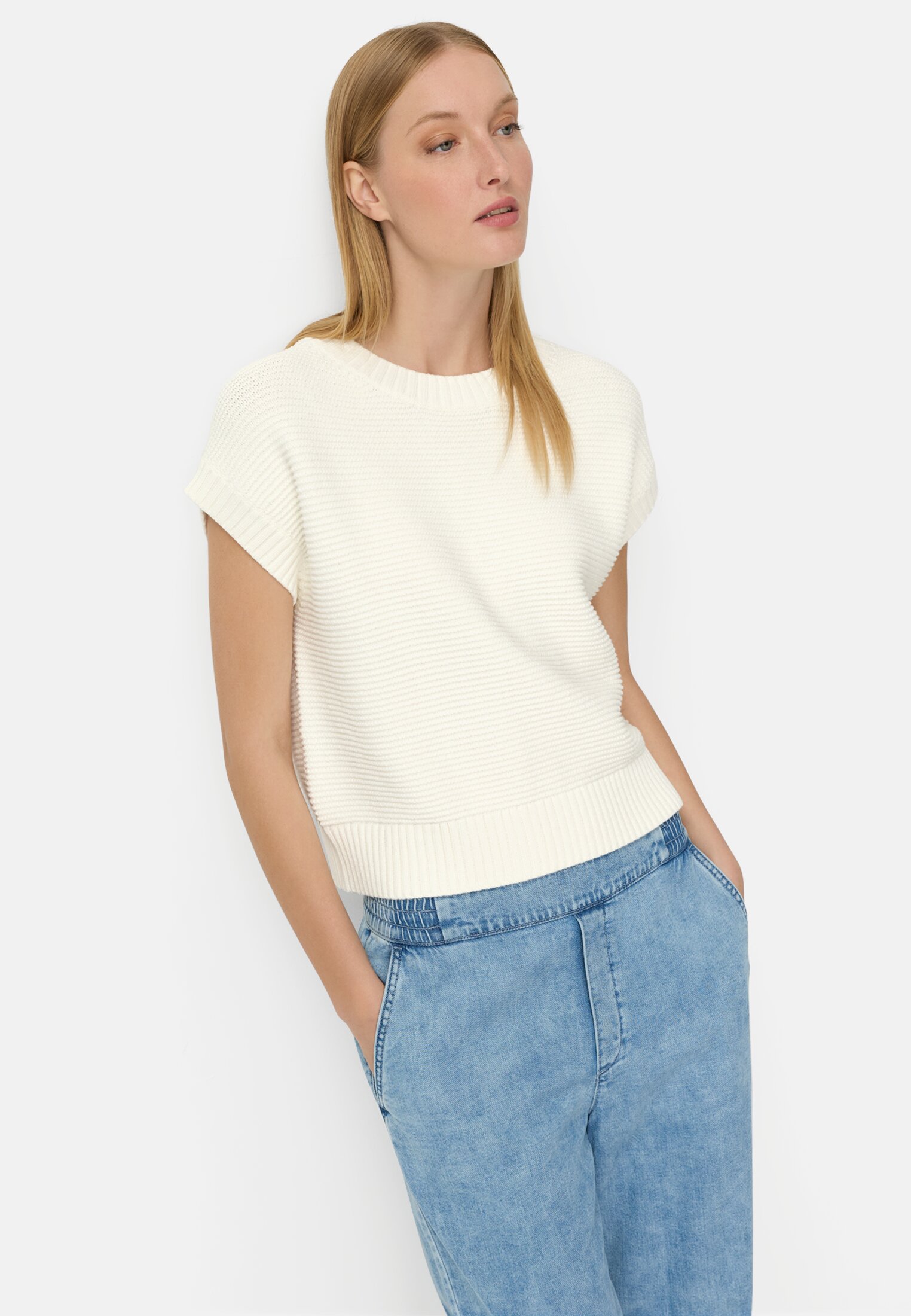 Vrouwen Gebreide trui van een katoenmix Melkwit gedragen emotional