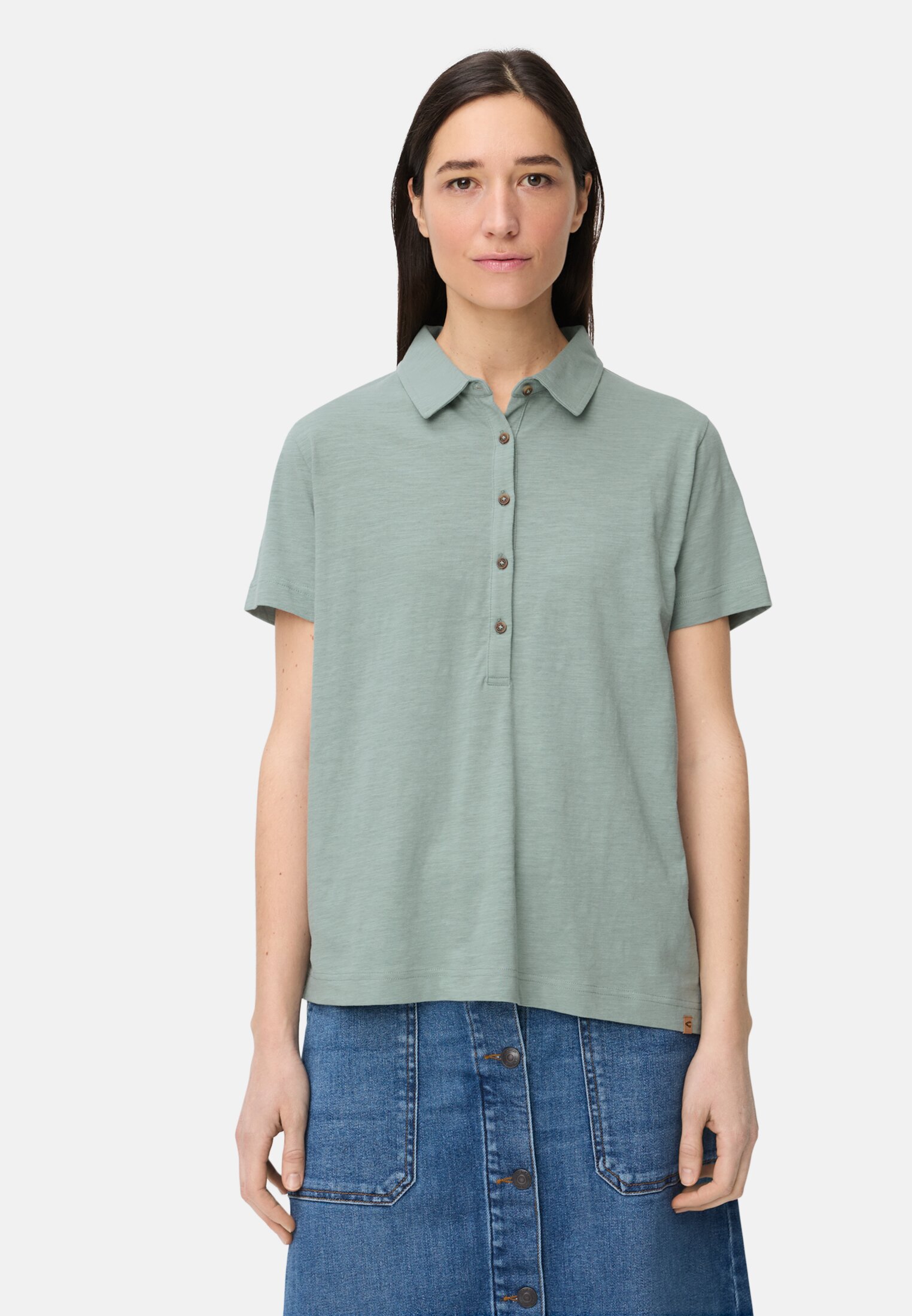Women Polo shirt with button placket Jade Blue worn front