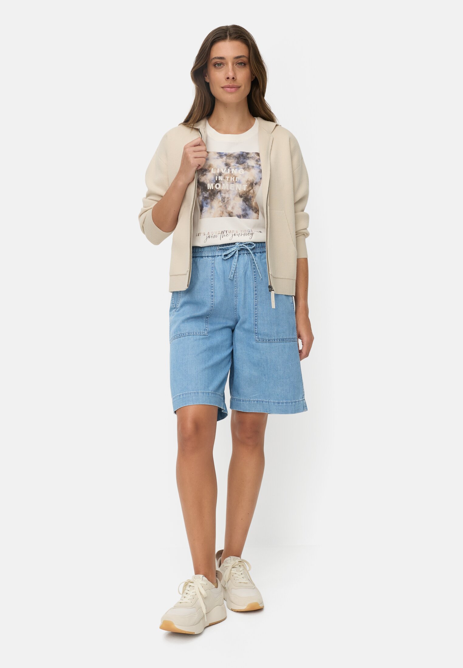 Women Bermuda shorts with a drawstring Light Blue worn front full body