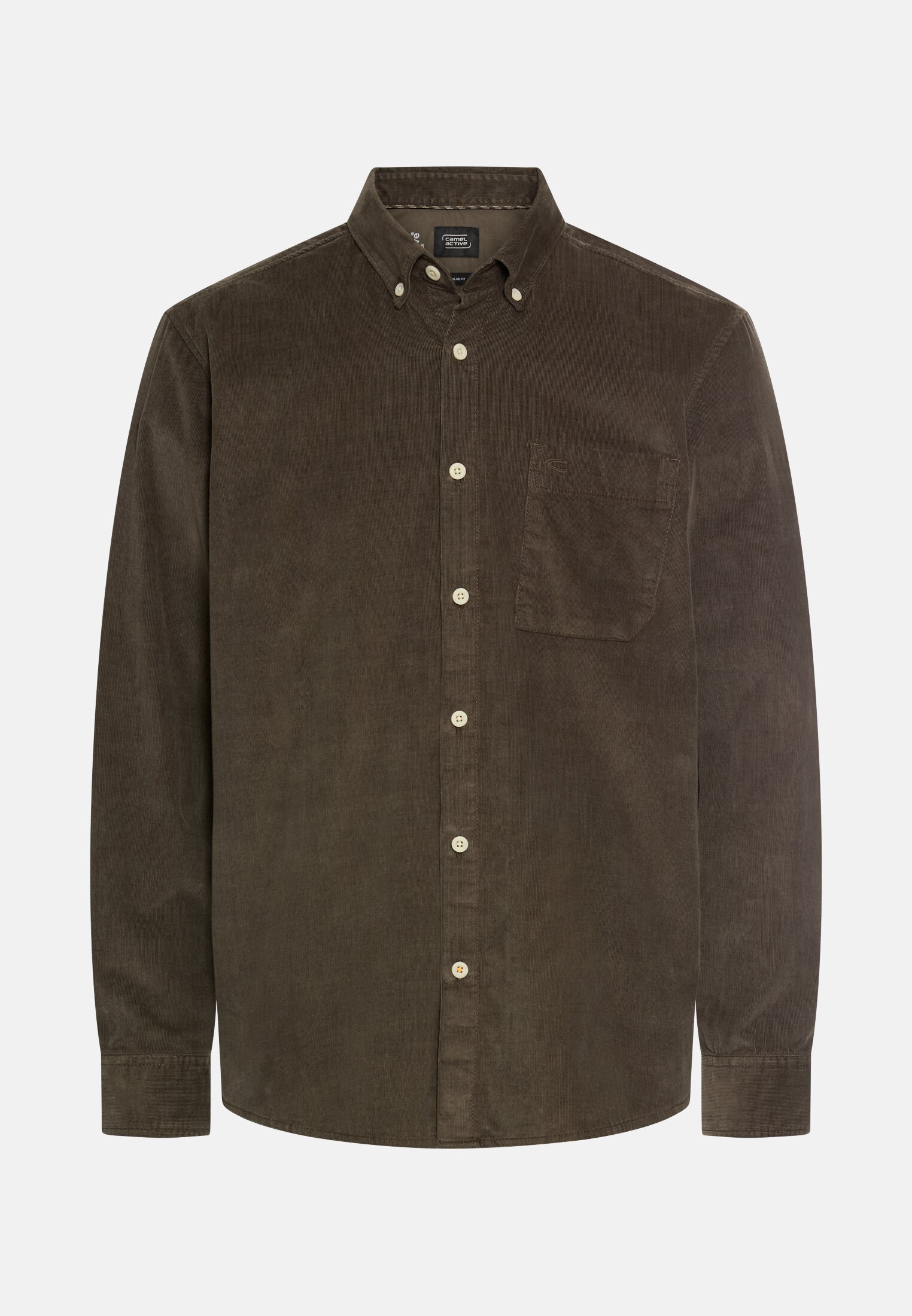 Men fleXXXactive® long-sleeve shirt with button-down collar and chest pocket Dark brown frontal front
