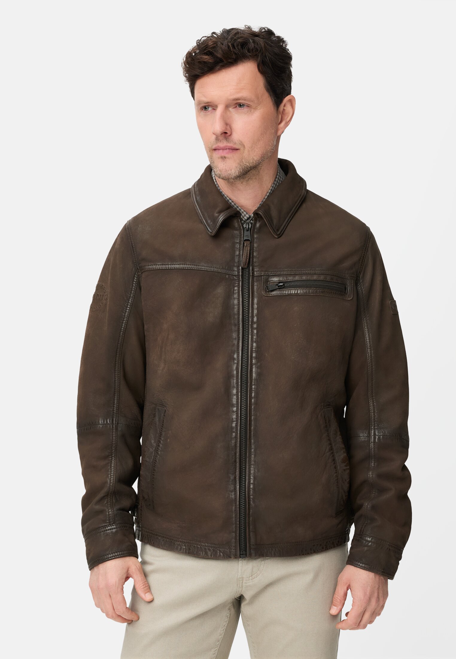 Men Leather jacket with inside pockets Brown worn front