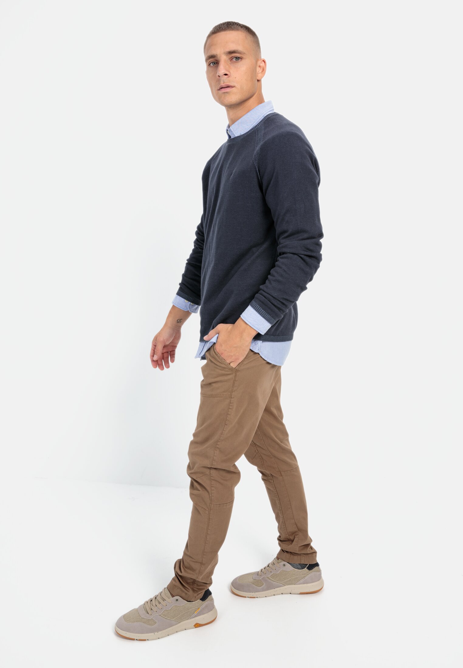 Men Crewneck Sweater made from pure Cotton Night Blue worn front full body