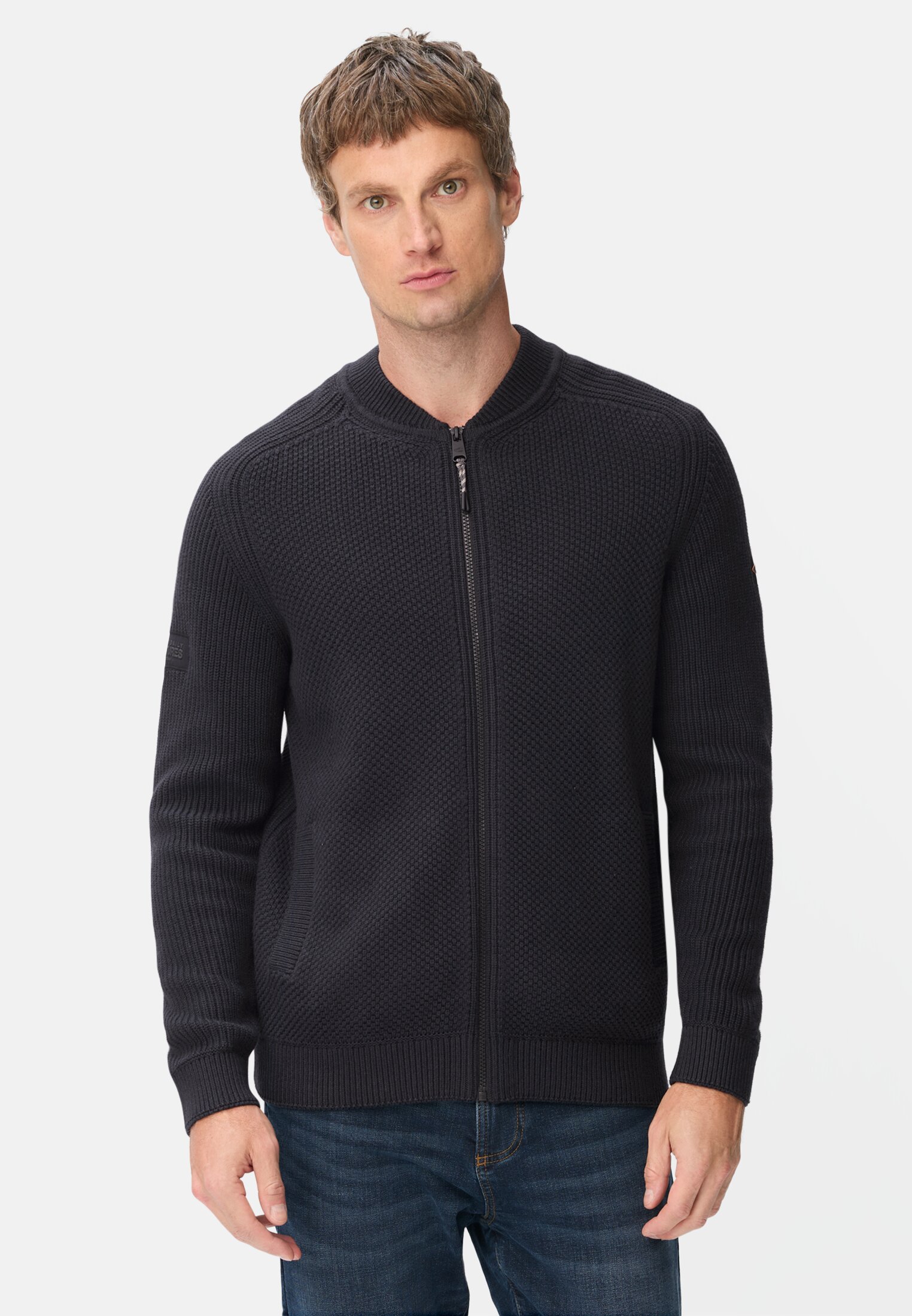 Men Cardigan with bomber collar Navyblue worn front