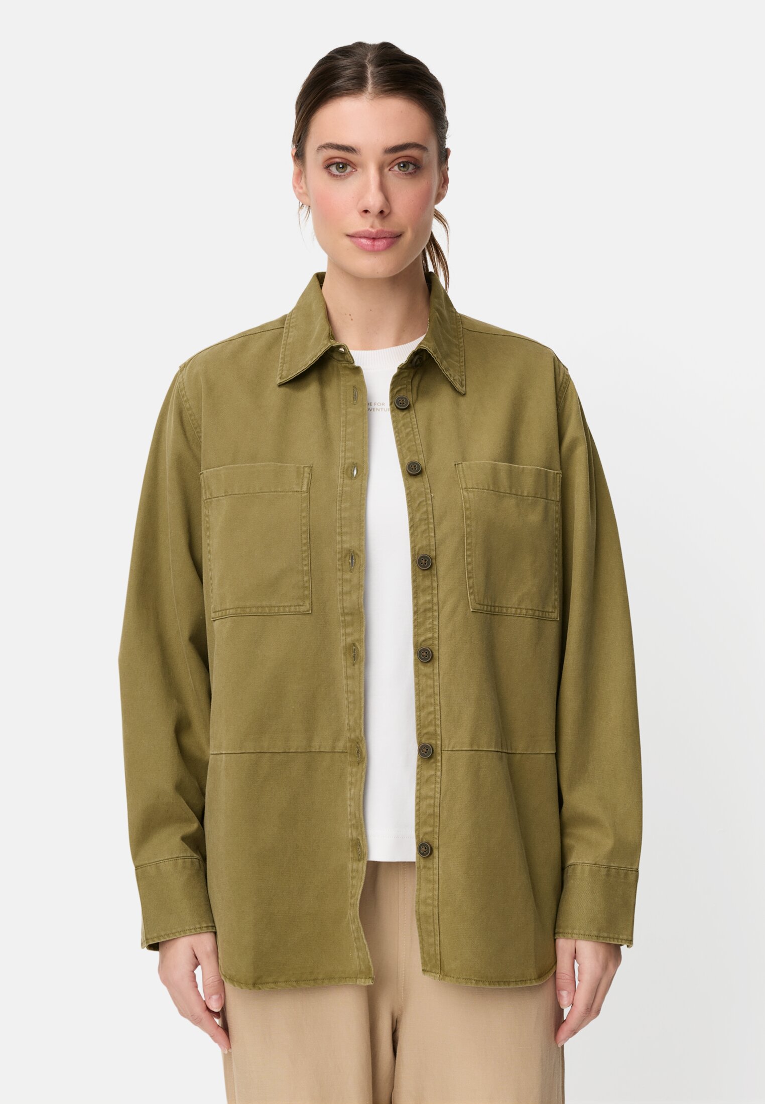 Women Blouse with button placket Olive worn front